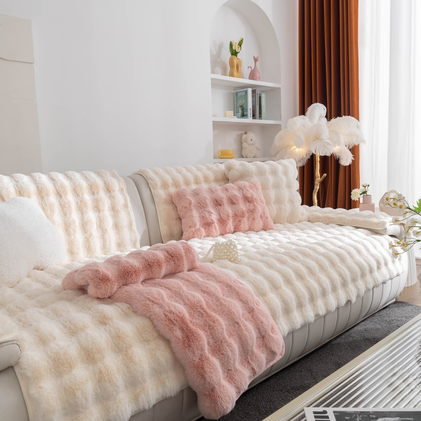 Luxurious Thick Sofa Cushion Solid Color Faux Fur Fluffy Sofa Cushion Non-Slip Couch Covers in a stylish living room.