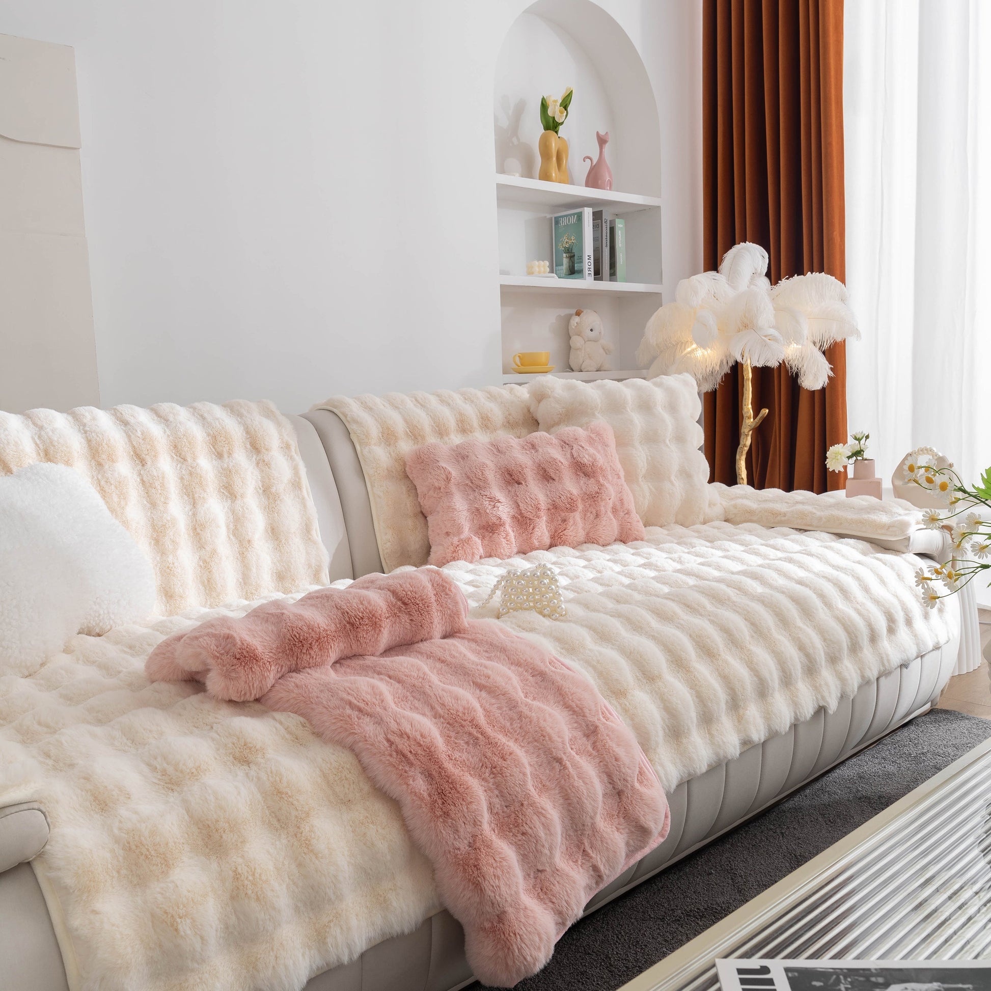 Luxurious Thick Sofa Cushion Solid Color Faux Fur Fluffy Sofa Cushion Non-Slip Couch Covers in a stylish living room.