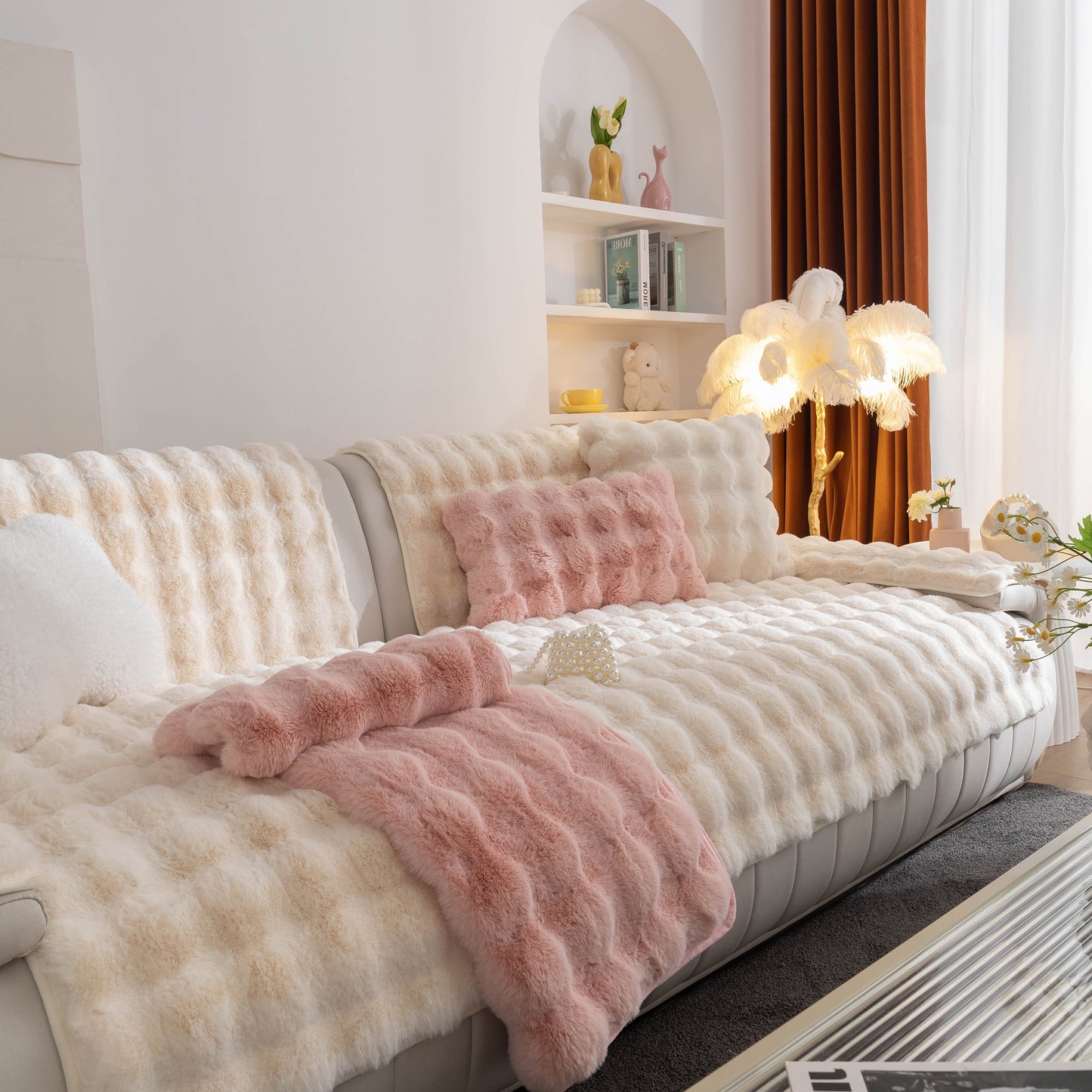 Thick Sofa Cushion Solid Color Faux Fur Fluffy Sofa Cushion Non-Slip Couch Covers on elegant modern sofa setting