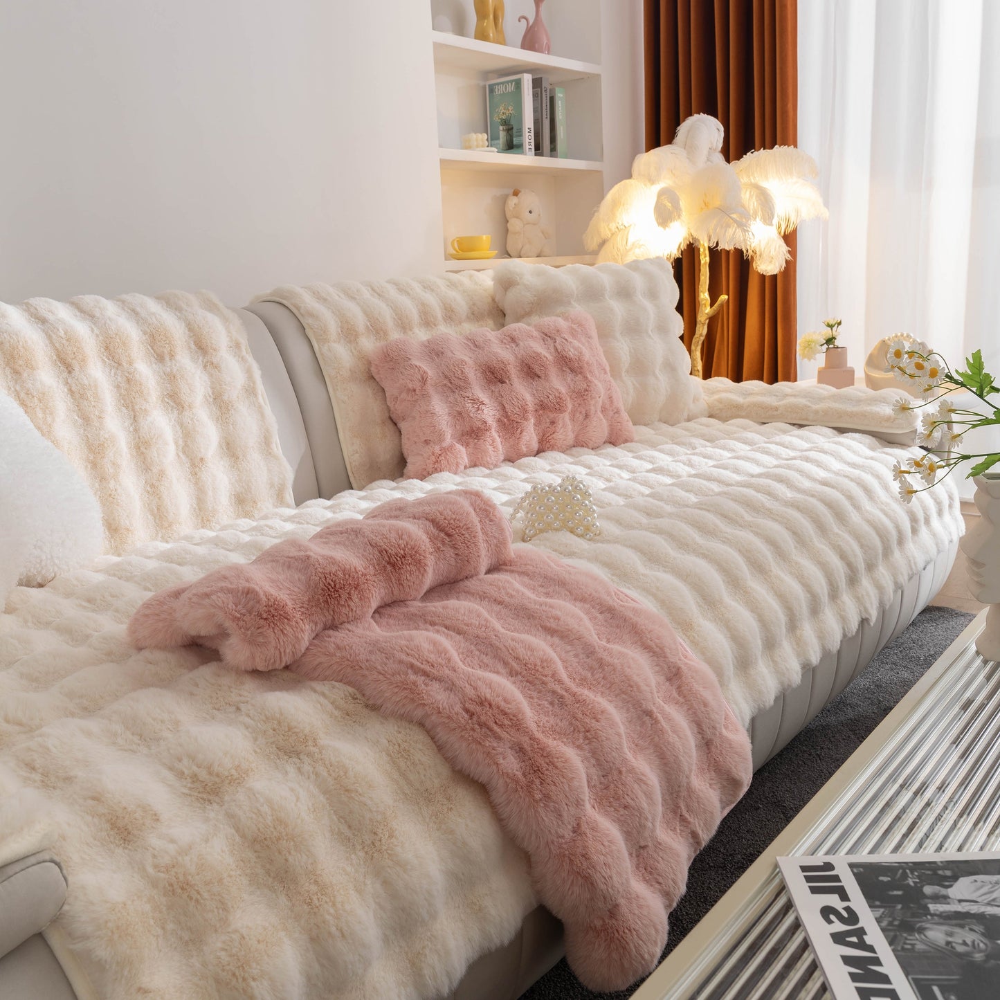 Thick Sofa Cushion Solid Color Faux Fur Fluffy Sofa Cushion Non-Slip Couch Covers on stylish modern living room sofa