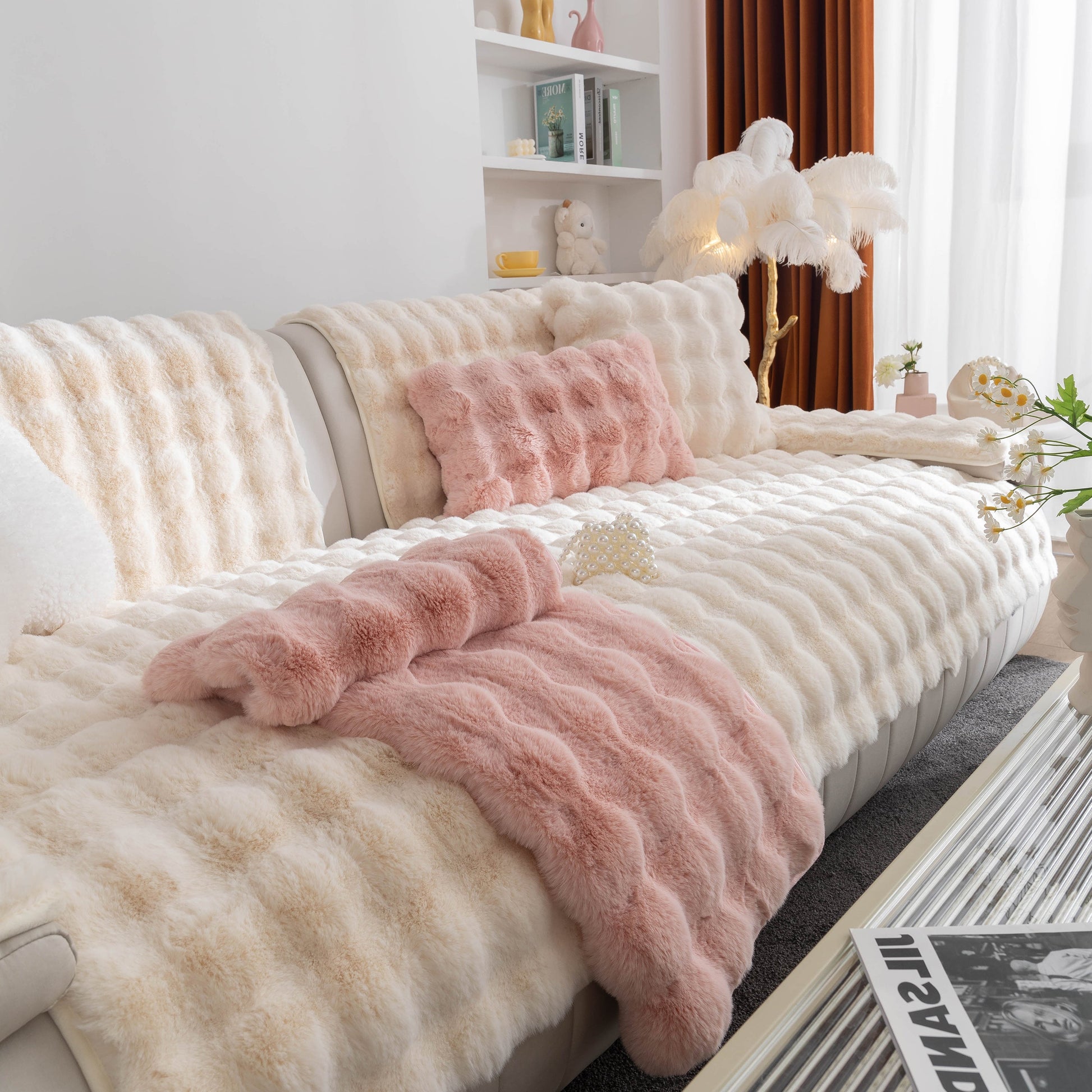 Thick Sofa Cushion Solid Color Faux Fur Fluffy Sofa Cushion Non-Slip Couch Covers on a cozy modern living room sofa.