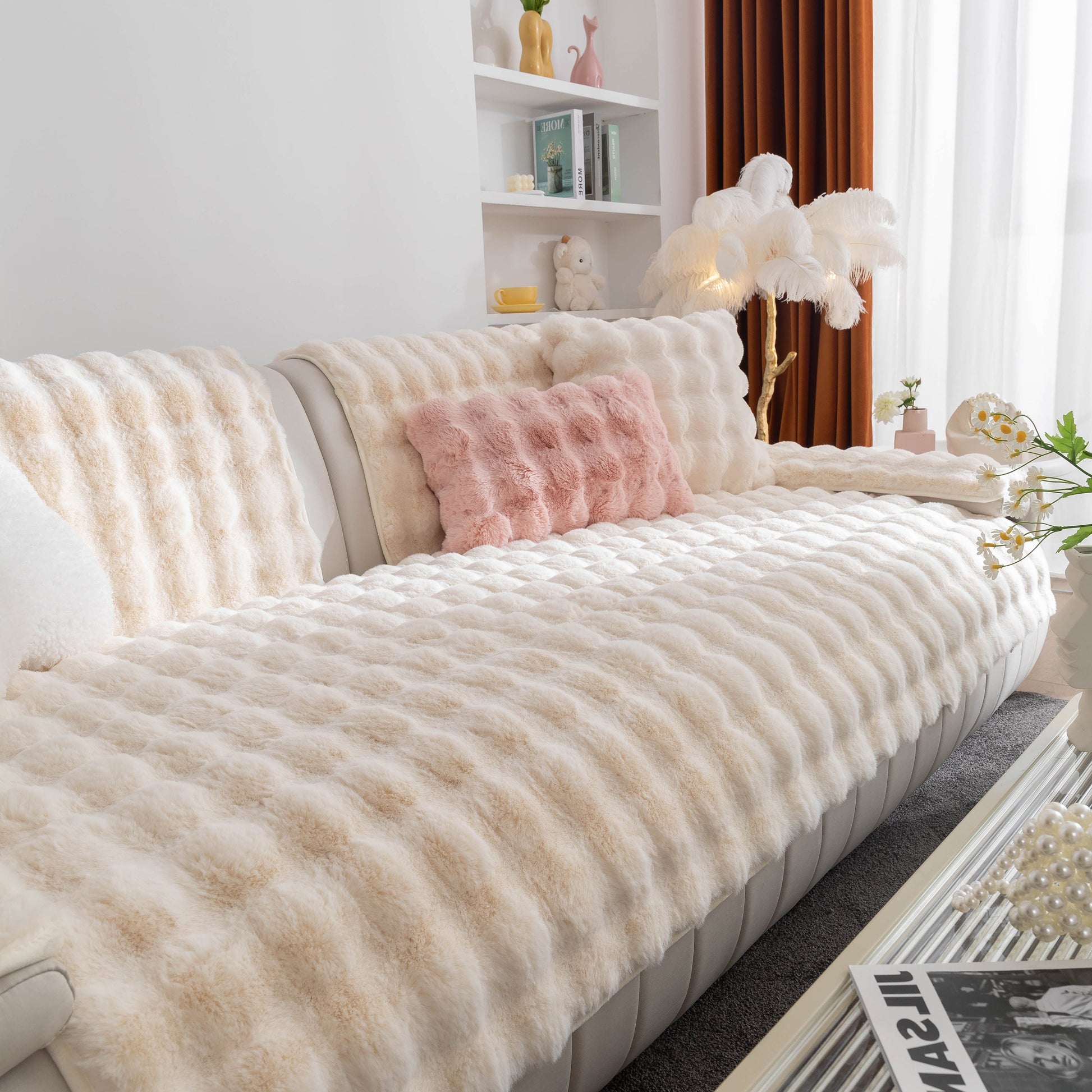 Thick Sofa Cushion Solid Color Faux Fur Fluffy Sofa Cushion Non-Slip Couch Covers in a cozy living room setting.