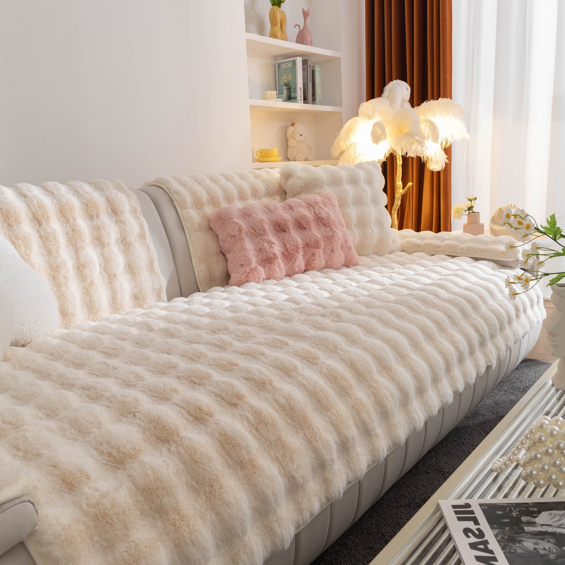 Thick Sofa Cushion Solid Color Faux Fur Fluffy Sofa Cushion Non-Slip Couch Covers in a cozy living room setting