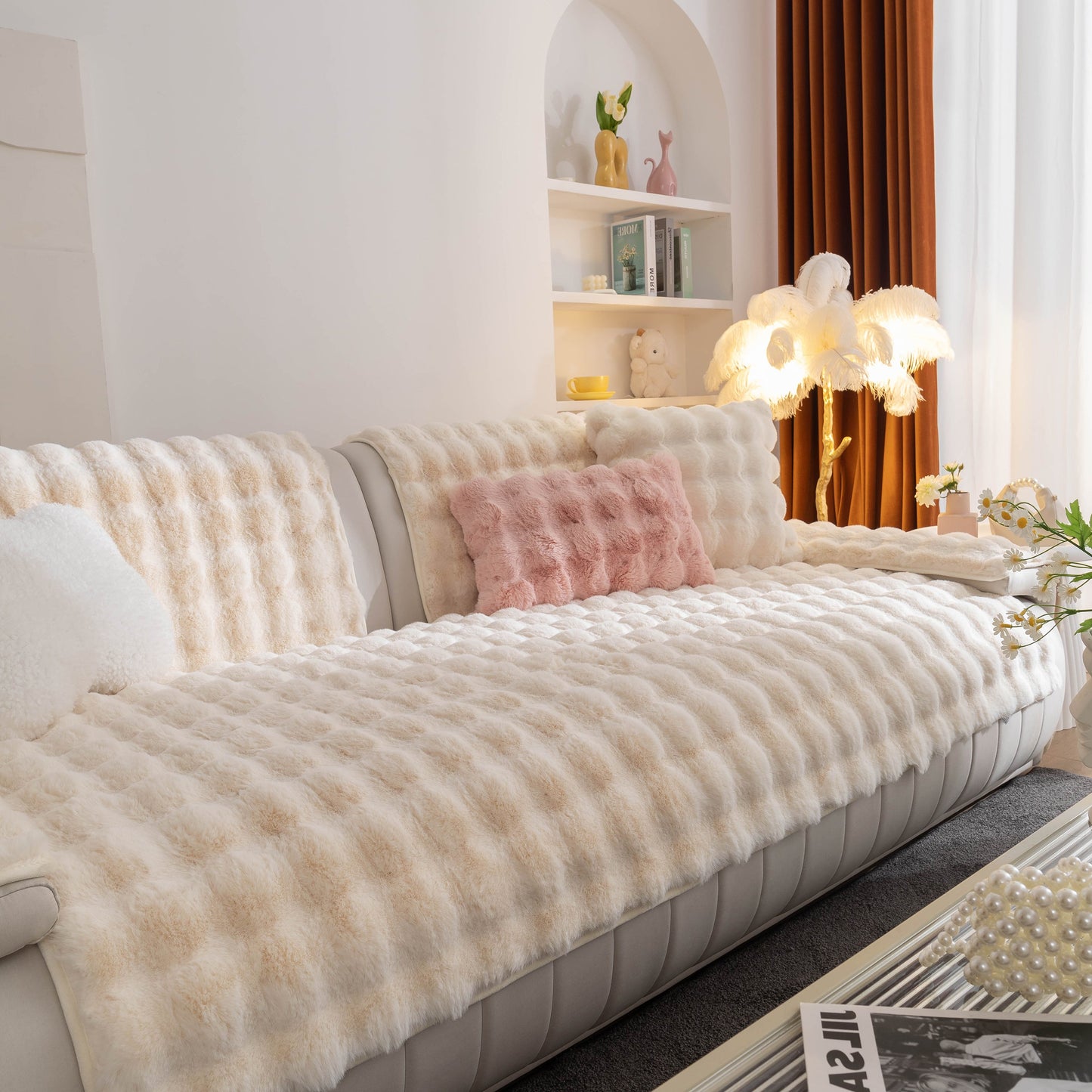 Thick Sofa Cushion Solid Color Faux Fur Fluffy Sofa Cushion Non-Slip Couch Covers enhancing a cozy living room space.