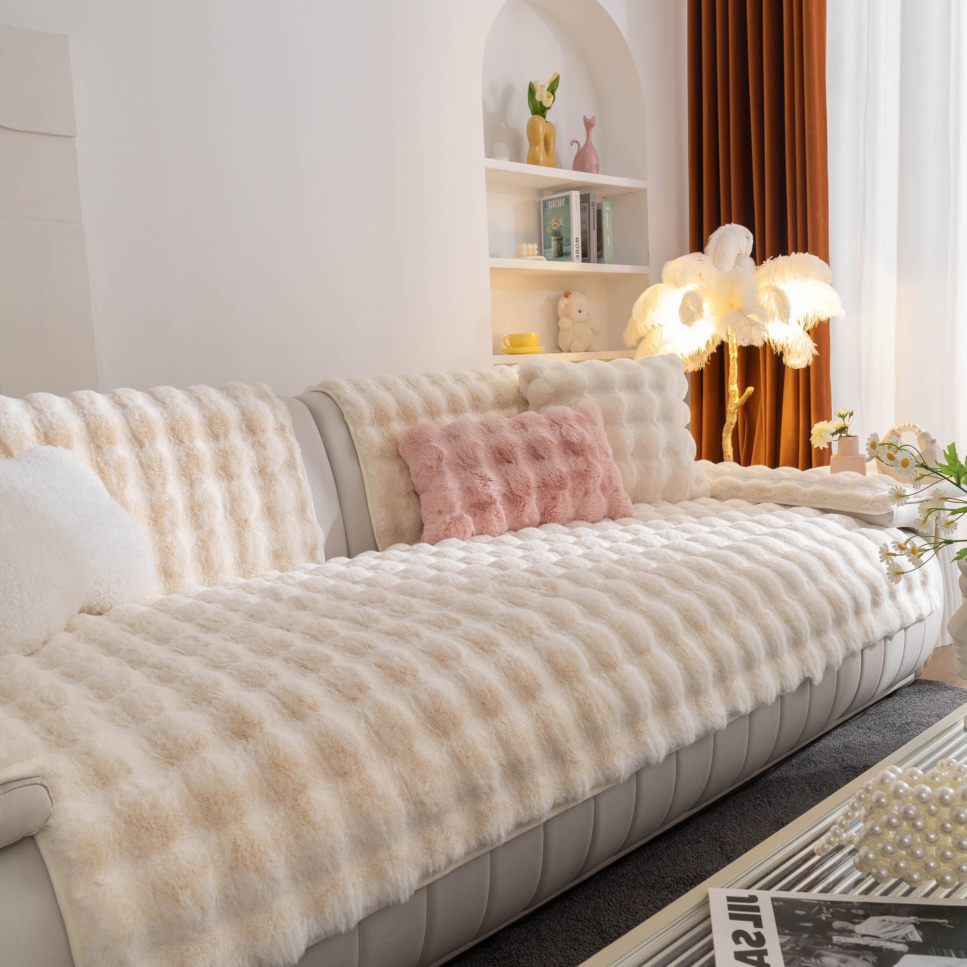 Thick Sofa Cushion Solid Color Faux Fur Fluffy Sofa Cushion Non-Slip Couch Covers enhancing a cozy living room space.