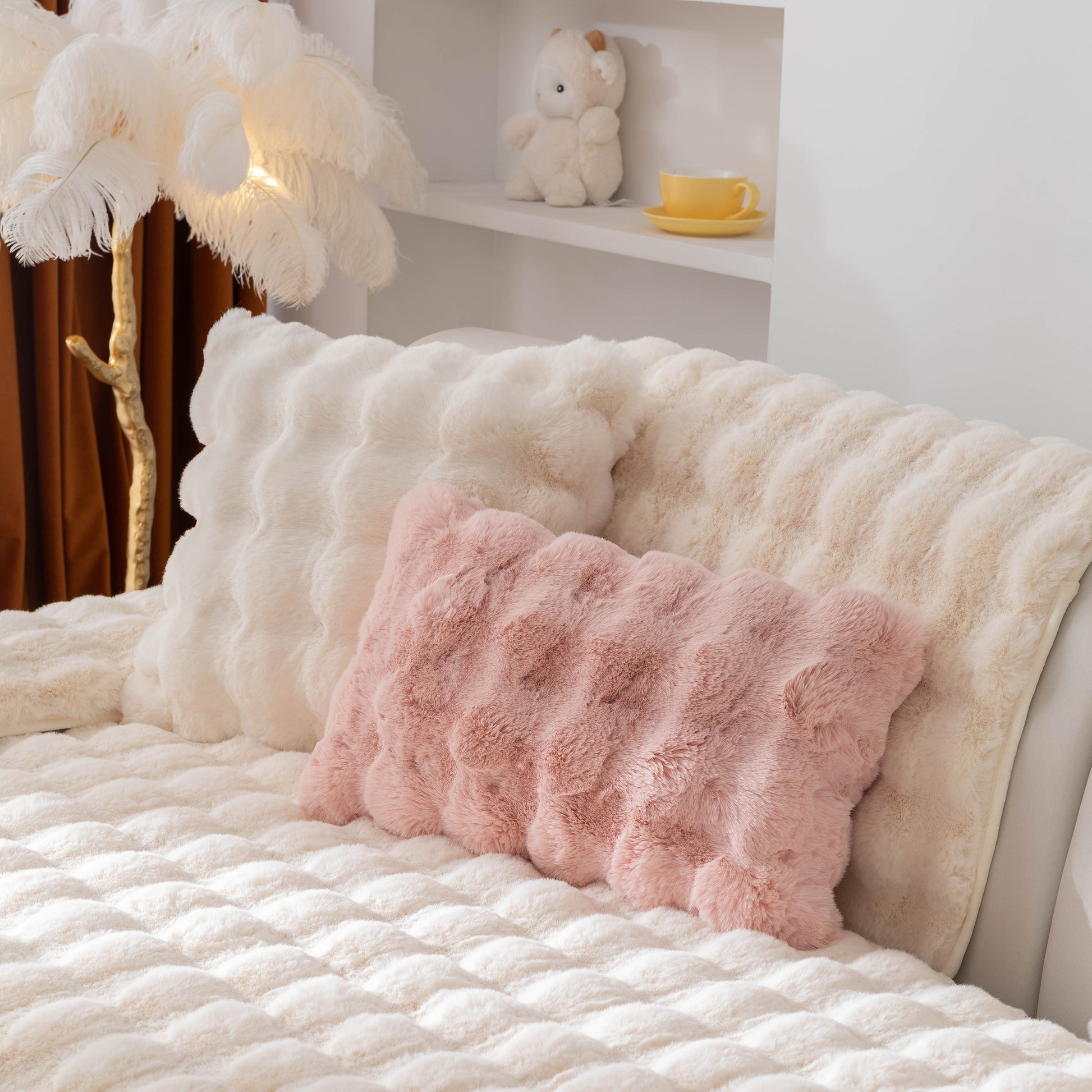 Thick Sofa Cushion Solid Color Faux Fur Fluffy Sofa Cushion Non-Slip Couch Covers on a cream-colored sofa for enhanced comfort.