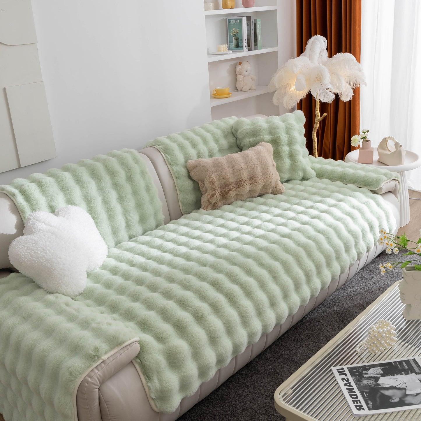 Thick Sofa Cushion Solid Color Faux Fur Fluffy Sofa Cushion Non-Slip Couch Covers in luxurious living room setting