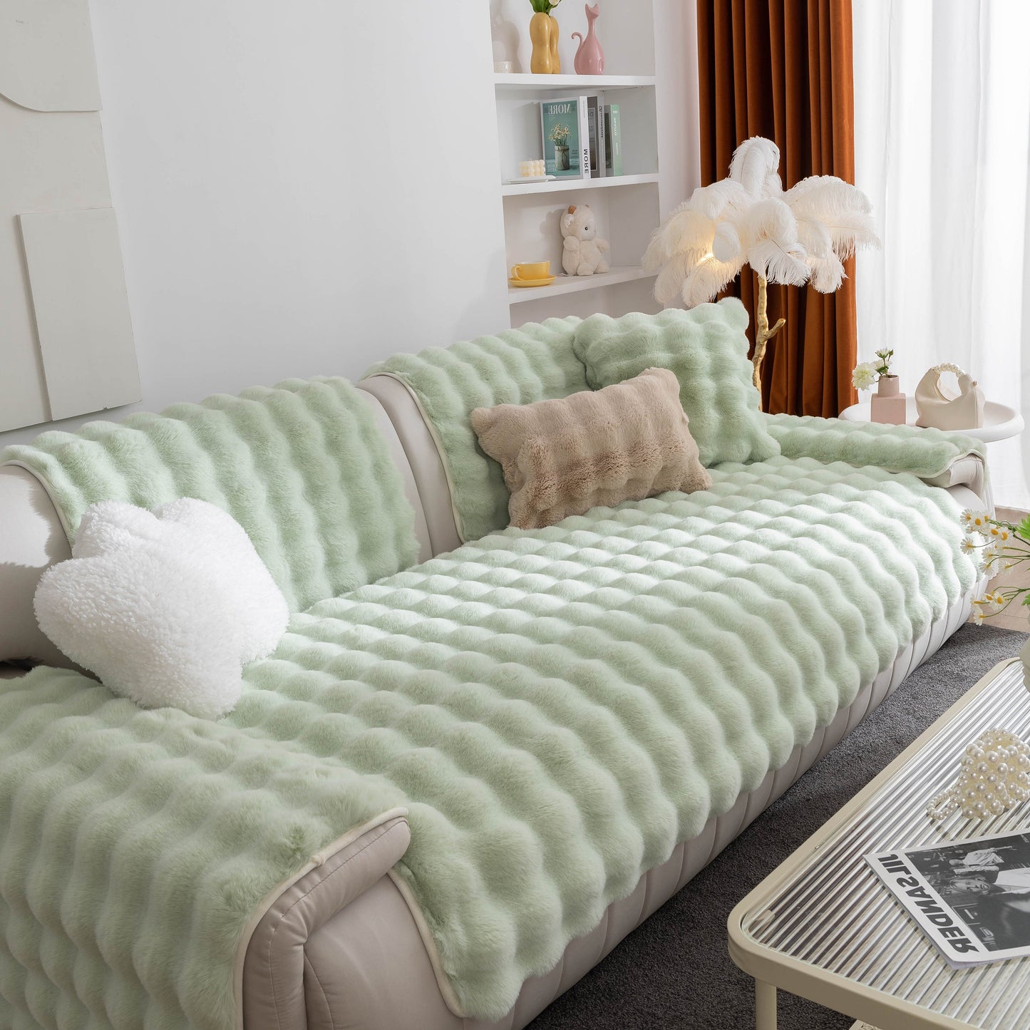 Thick Sofa Cushion Solid Color Faux Fur Fluffy Sofa Cushion Non-Slip Couch Covers on green sofa in modern living room setting