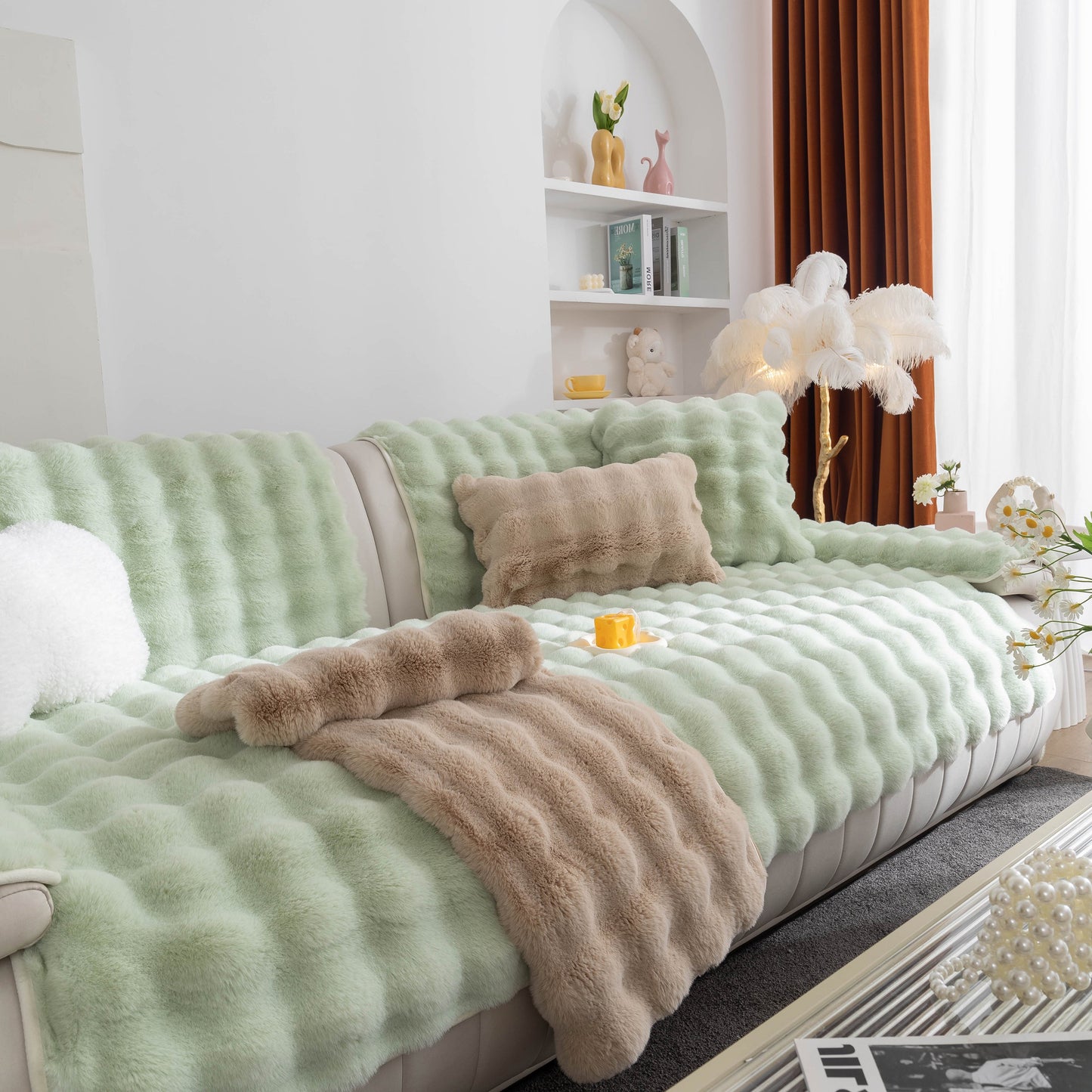 Living room featuring Thick Sofa Cushion Solid Color Faux Fur Fluffy Sofa Cushion Non-Slip Couch Covers in pastel green.