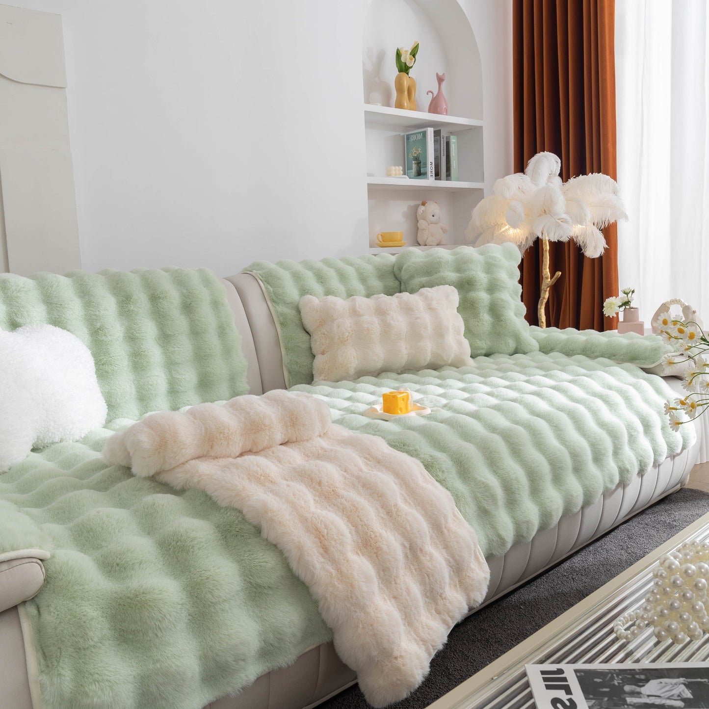 Thick Sofa Cushion Solid Color Faux Fur Fluffy Sofa Cushion Non-Slip Couch Covers on a stylish modern sofa in a cozy living room setting