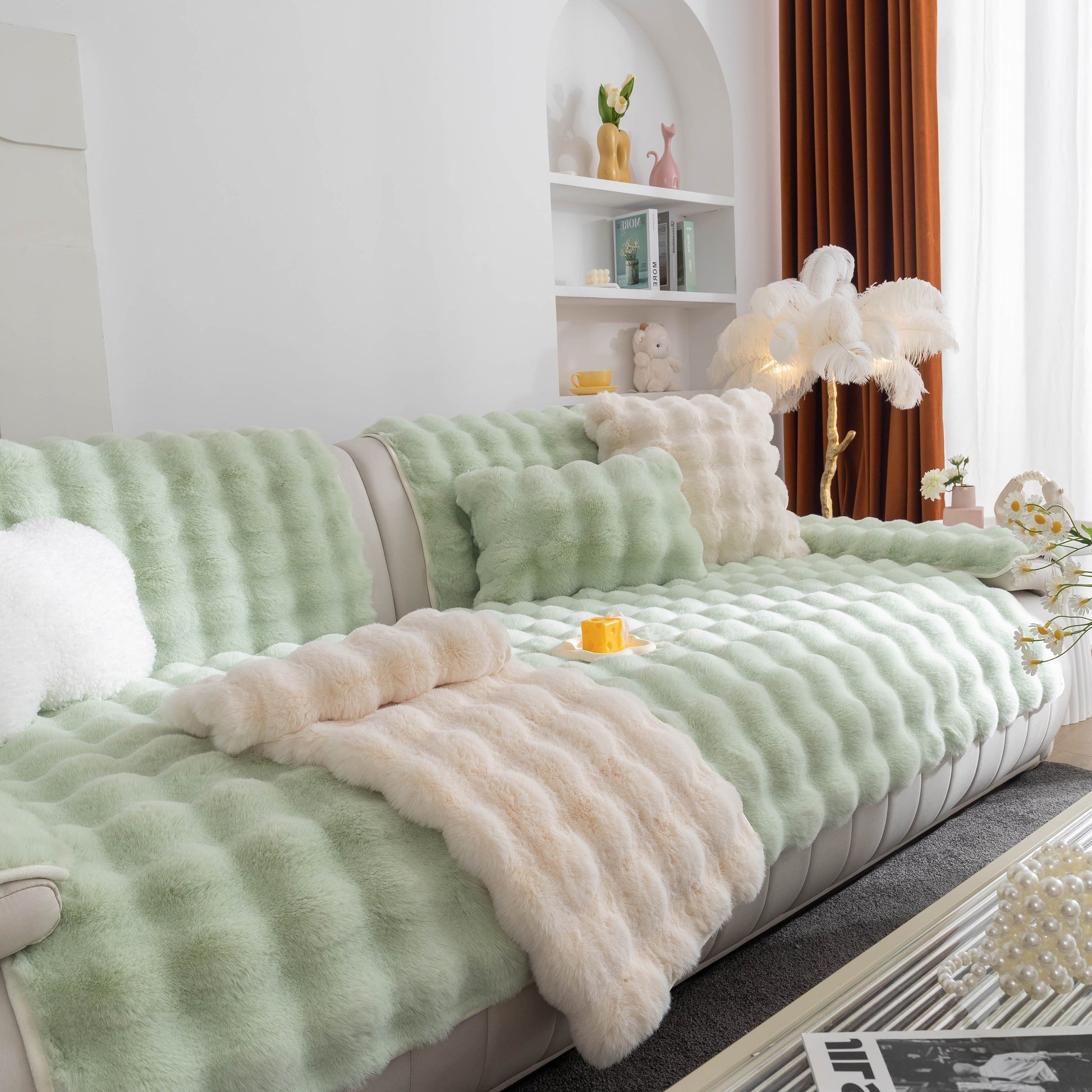 Thick Sofa Cushion Solid Color Faux Fur Fluffy Sofa Cushion Non-Slip Couch Covers on a stylish modern sofa in a cozy living room