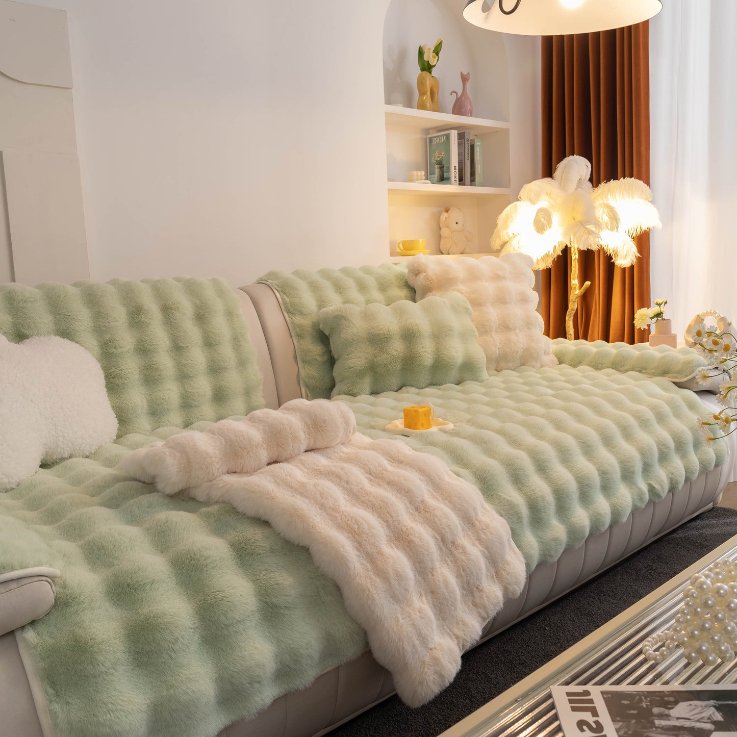 Thick Sofa Cushion Solid Color Faux Fur Fluffy Sofa Cushion Non-Slip Couch Covers in a cozy living room setting.