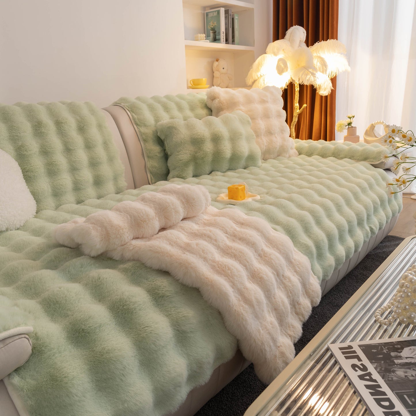 Thick Sofa Cushion Solid Color Faux Fur Fluffy Sofa Cushion Non-Slip Couch Covers on a modern living room sofa