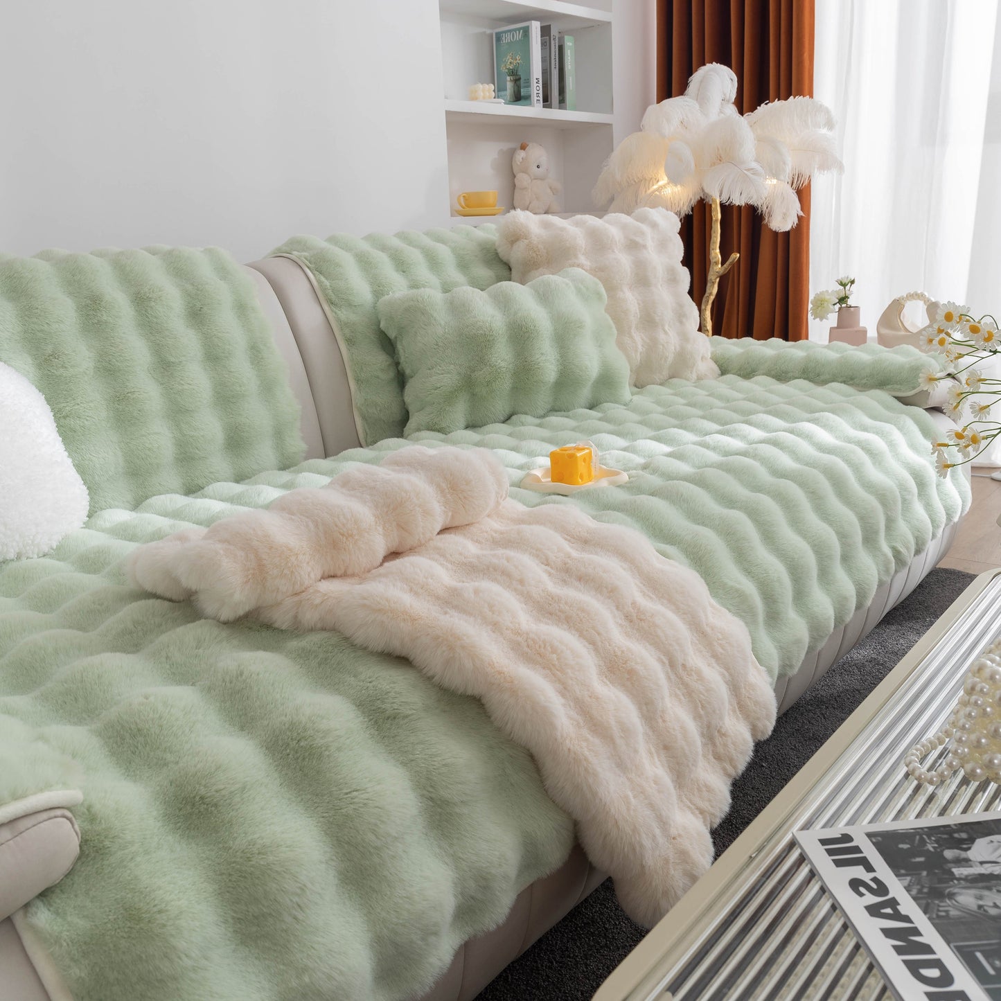 Thick Sofa Cushion Solid Color Faux Fur Fluffy Sofa Cushion Non-Slip Couch Covers in a cozy living room setting