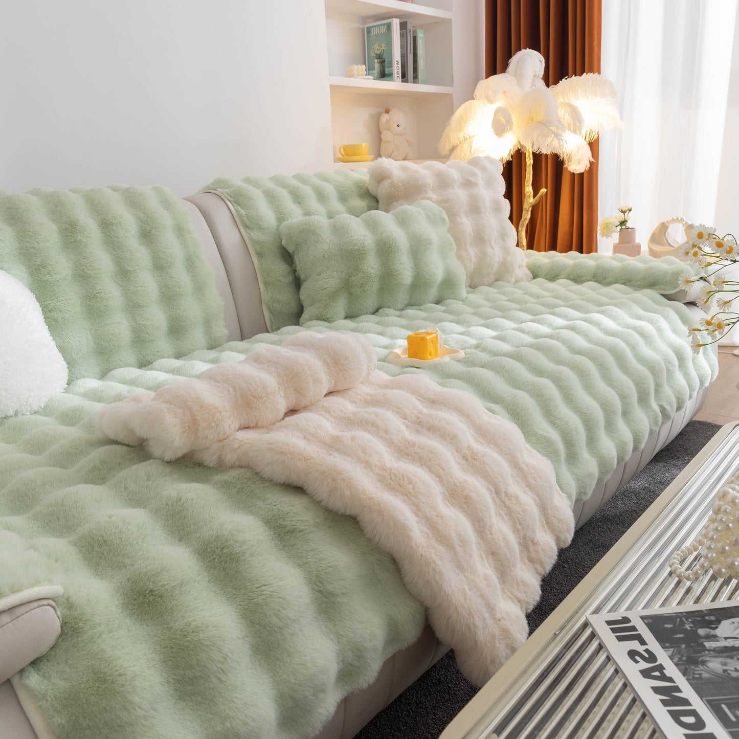 Thick Sofa Cushion Solid Color Faux Fur Fluffy Sofa Cushion Non-Slip Couch Covers in a cozy living room setting.