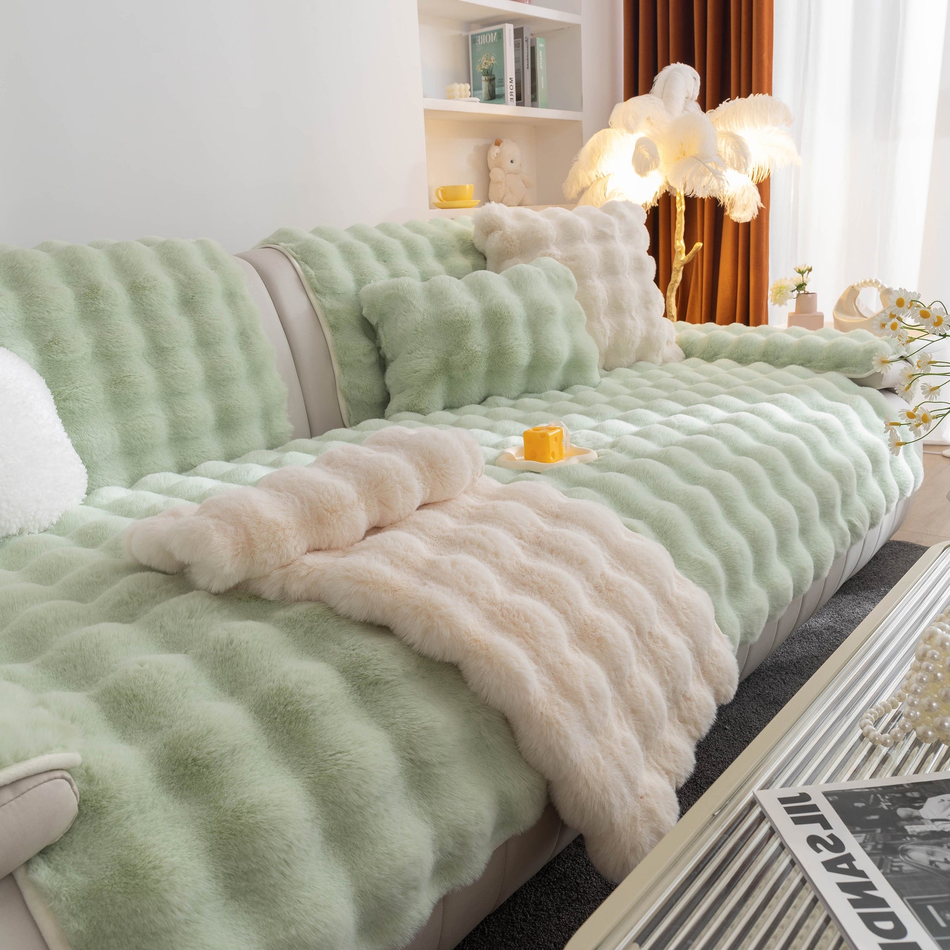 Thick Sofa Cushion Solid Color Faux Fur Fluffy Sofa Cushion Non-Slip Couch Covers in a cozy living room setting.