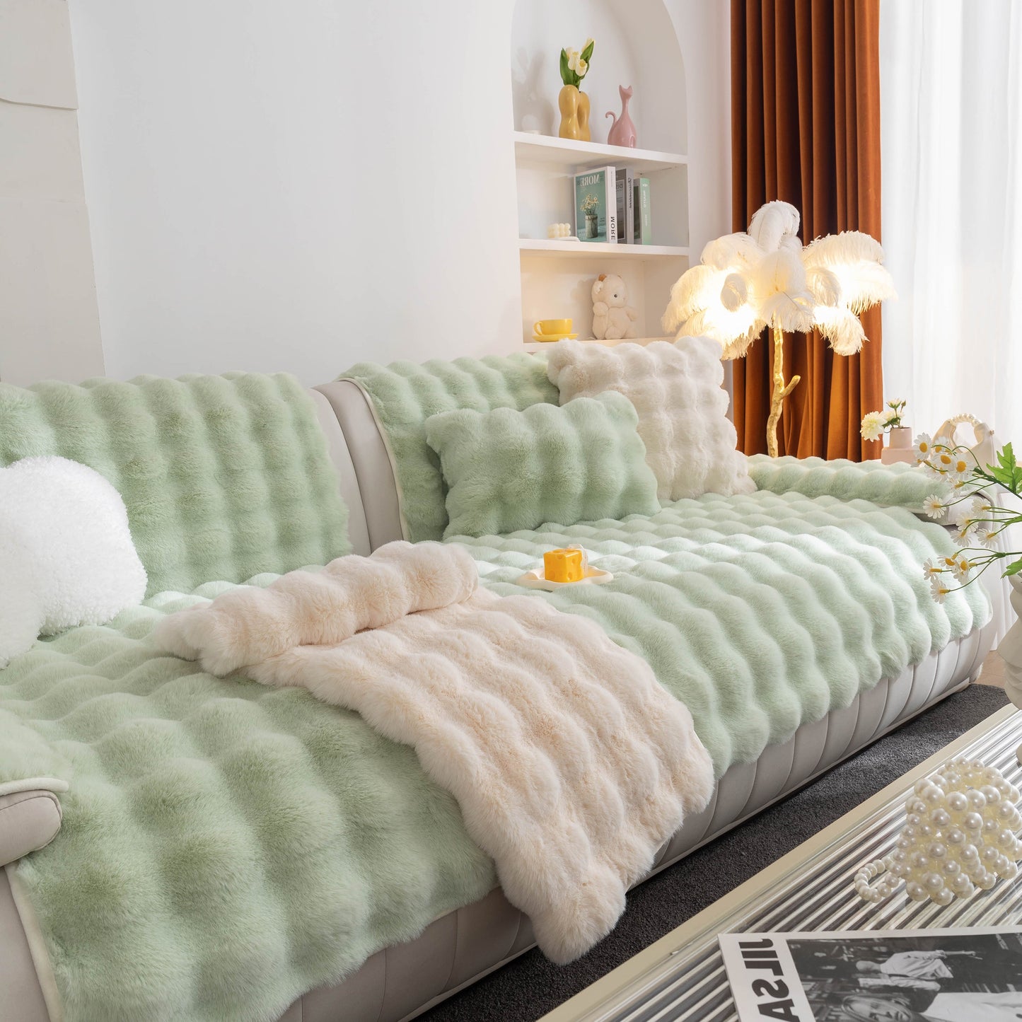 Thick Sofa Cushion Solid Color Faux Fur Fluffy Sofa Cushion Non-Slip Couch Covers on green and beige cozy living room sofa.
