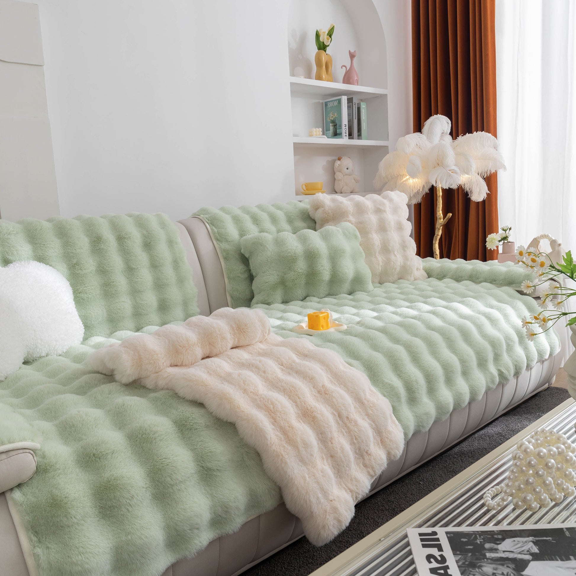 Thick Sofa Cushion Solid Color Faux Fur Fluffy Sofa Cushion Non-Slip Couch Covers in a cozy living room setting