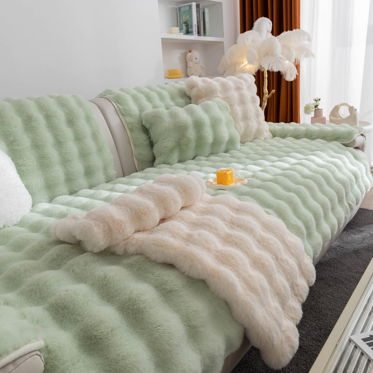 Thick Sofa Cushion Solid Color Faux Fur Fluffy Sofa Cushion Non-Slip Couch Covers on luxurious living room setting