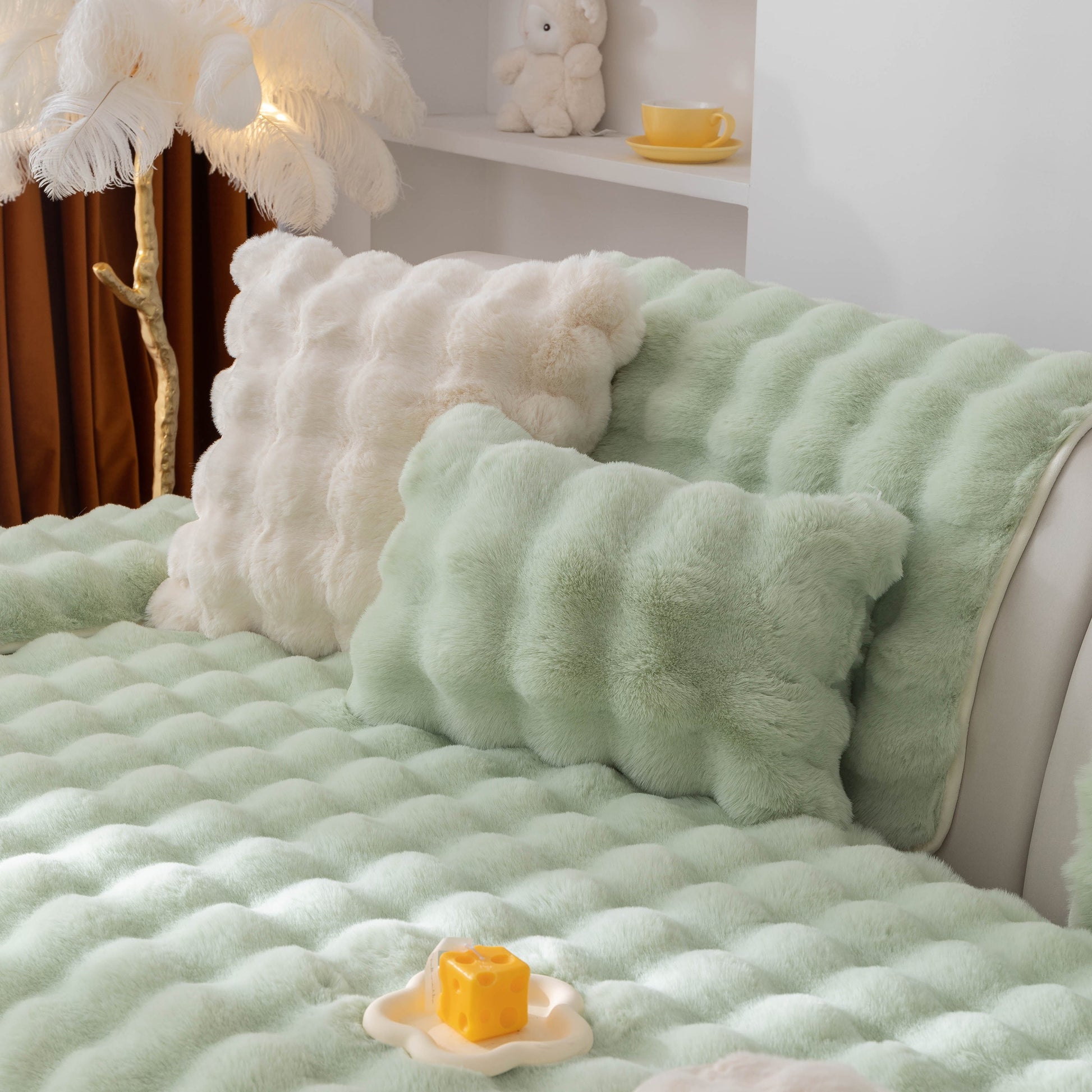 Thick Sofa Cushion Solid Color Faux Fur Fluffy Sofa Cushion Non-Slip Couch Covers in cozy mint green setting