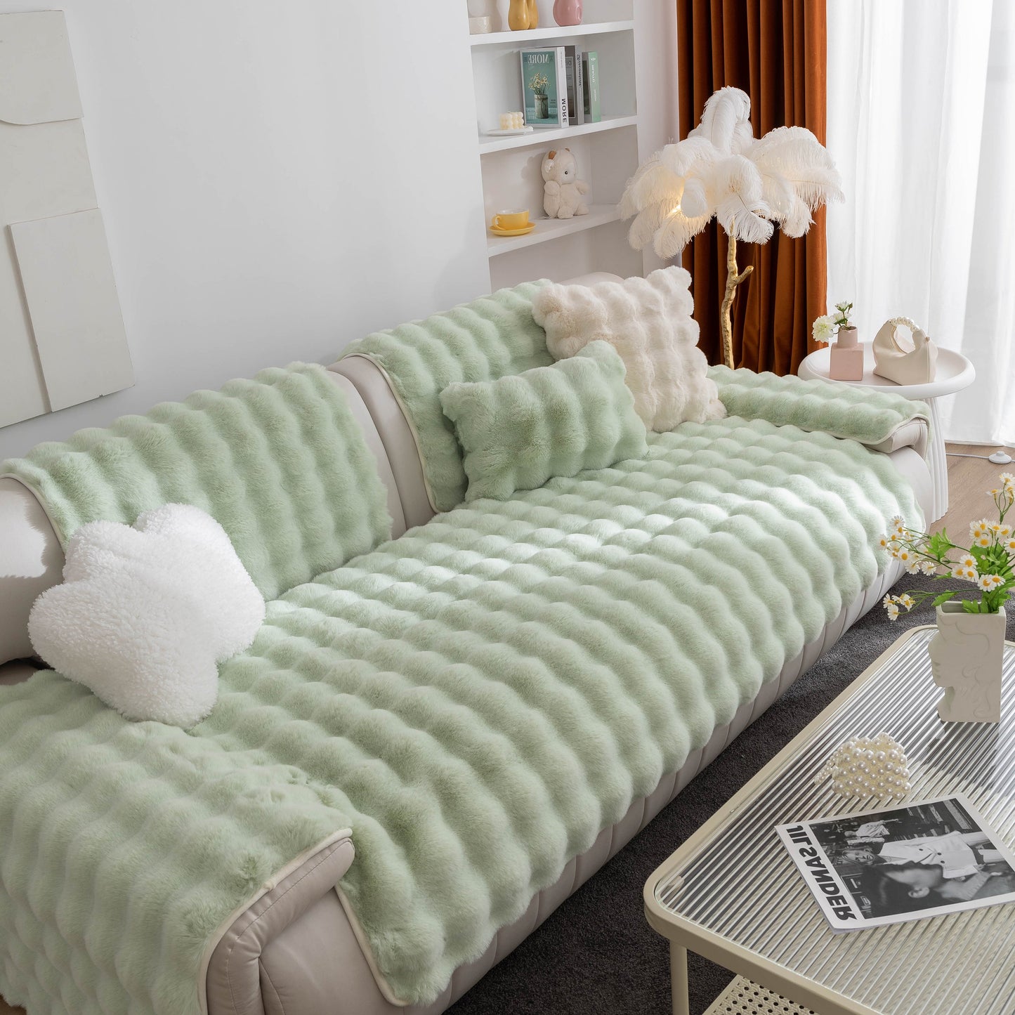 Thick Sofa Cushion Solid Color Faux Fur Fluffy Sofa Cushion Non-Slip Couch Covers in a cozy living room setting.