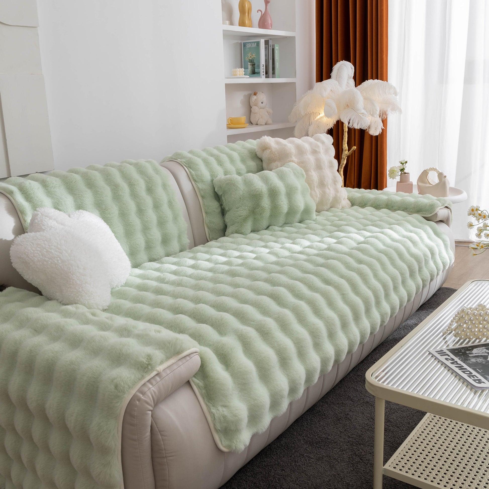 Thick Sofa Cushion Solid Color Faux Fur Fluffy Sofa Cushion Non-Slip Couch Covers on a comfortable living room sofa.