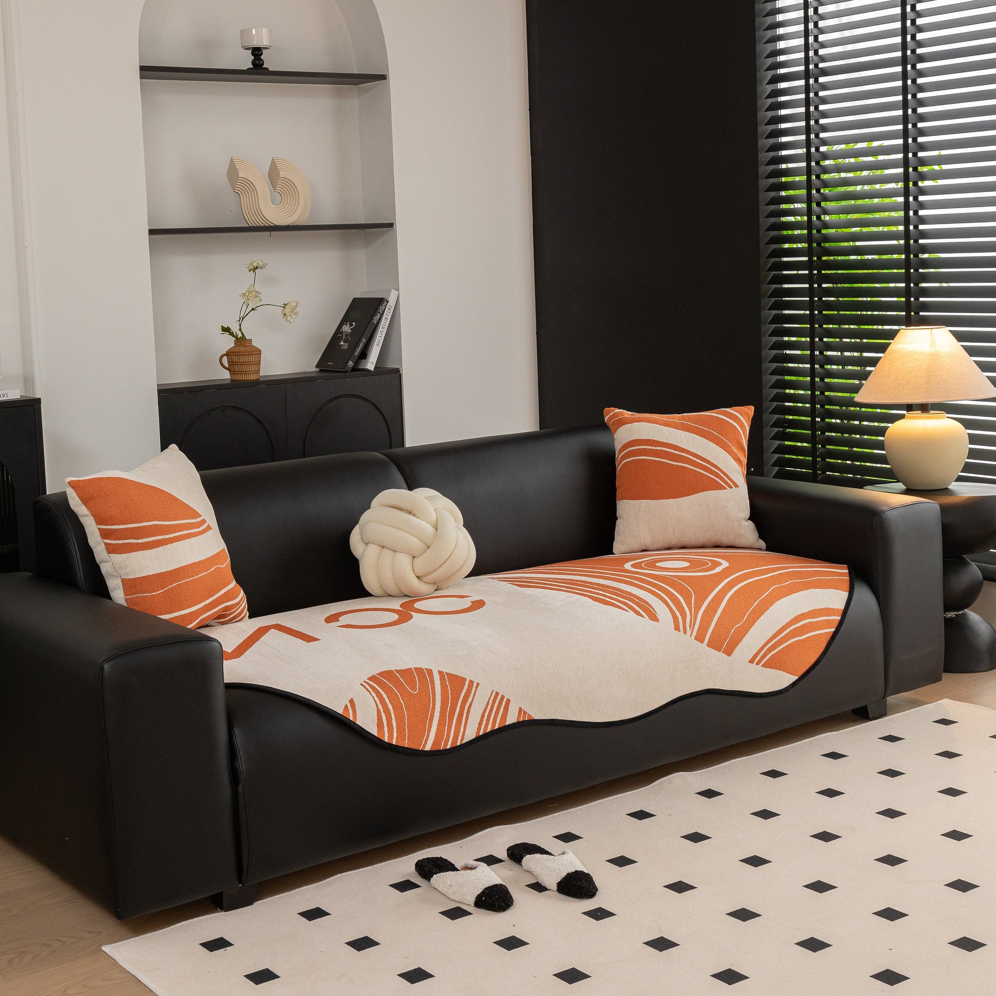 Abstract Art Sofa Cover with Wave Edge, Non Slip Couch Cover for Stylish Homes on modern black couch