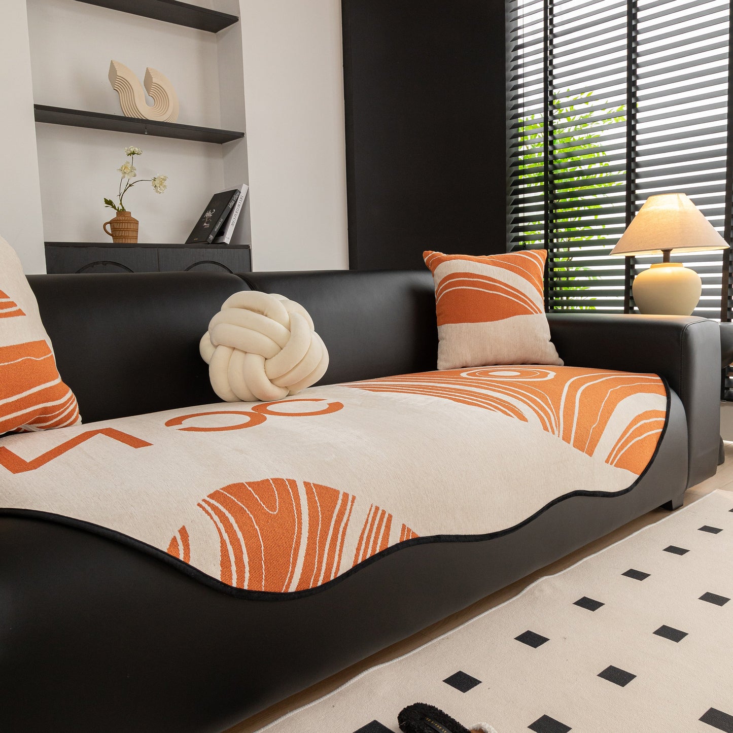 Abstract Art Sofa Cover with Wave Edge, Non Slip Couch Cover for Stylish Homes featuring bold line patterns in living room setting