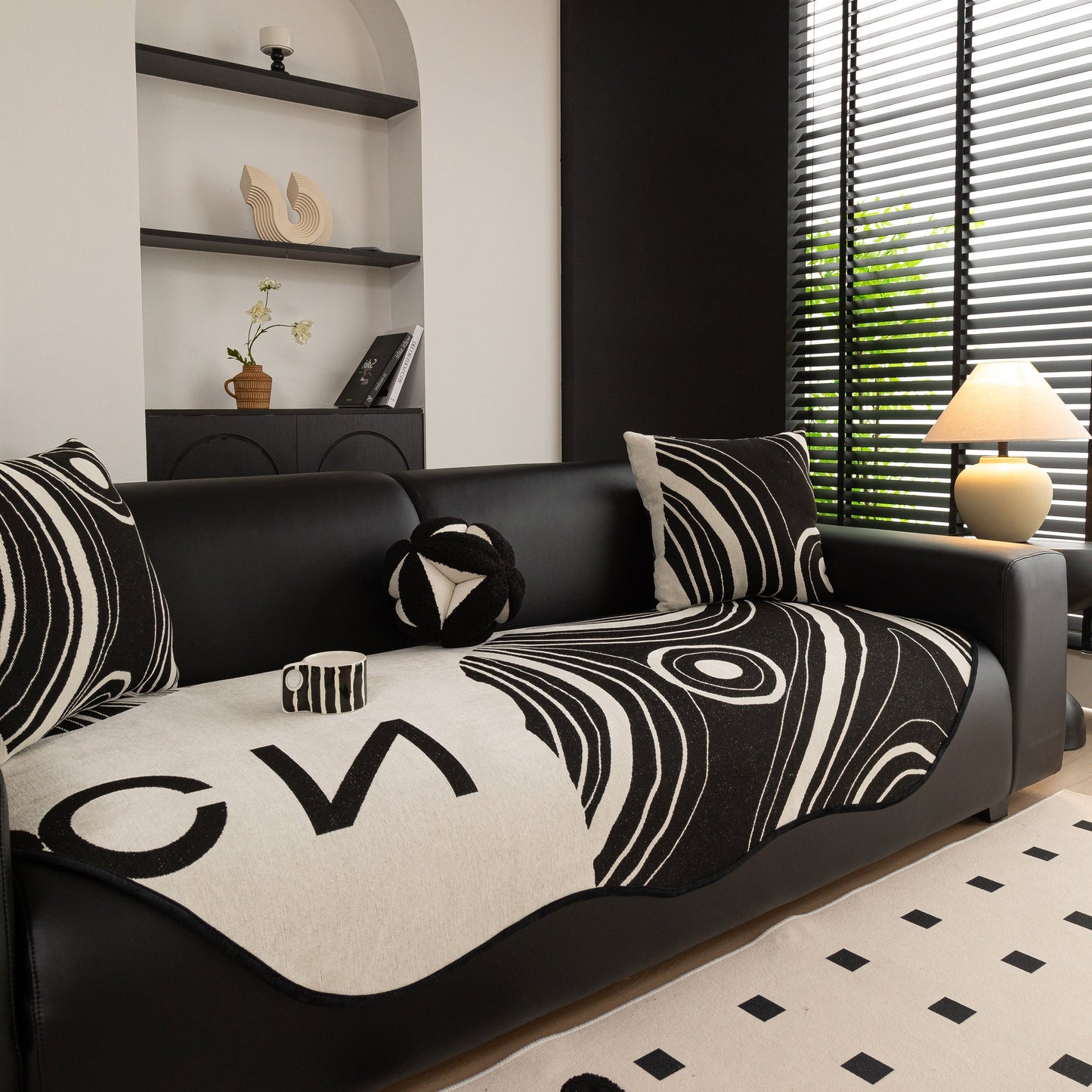 Abstract Art Sofa Cover with Wave Edge, Non Slip Couch Cover for Stylish Homes in modern living room setting
