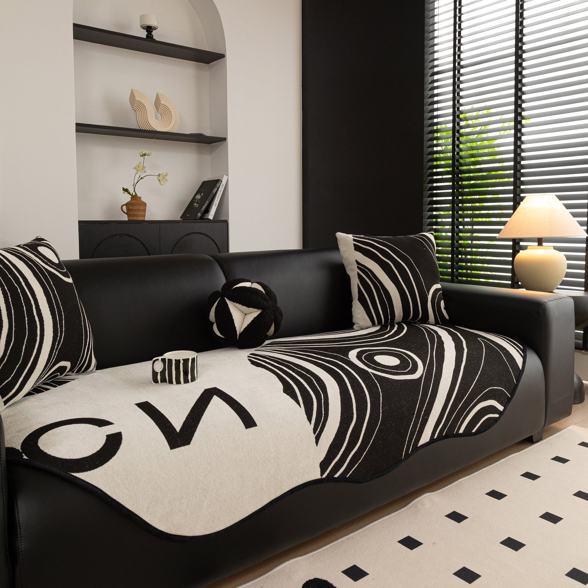 Abstract Art Sofa Cover with Wave Edge, Non Slip Couch Cover for Stylish Homes in modern living room setting