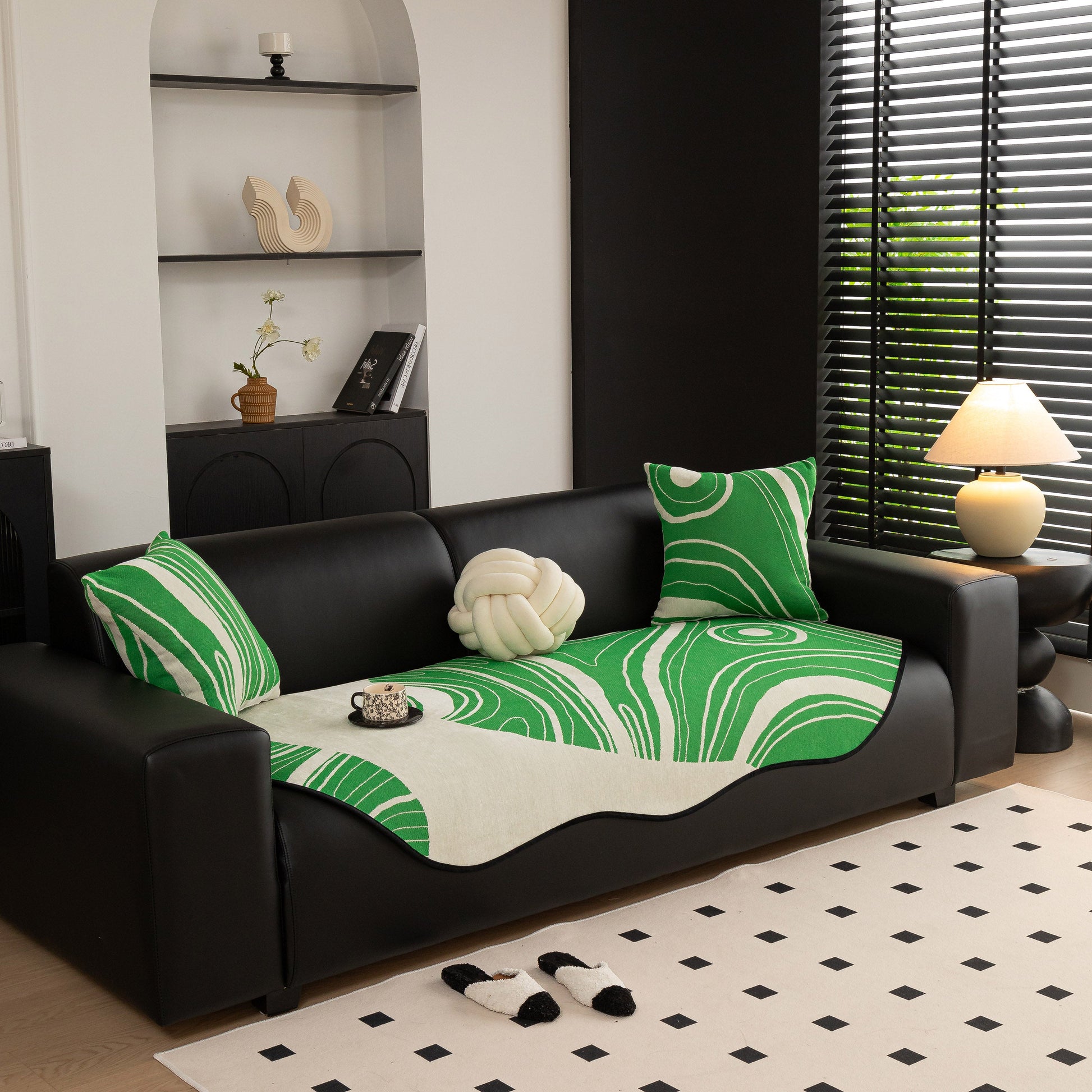 Abstract Art Sofa Cover with Wave Edge, Non Slip Couch Cover for Stylish Homes in green and white, enhancing a modern living room decor.
