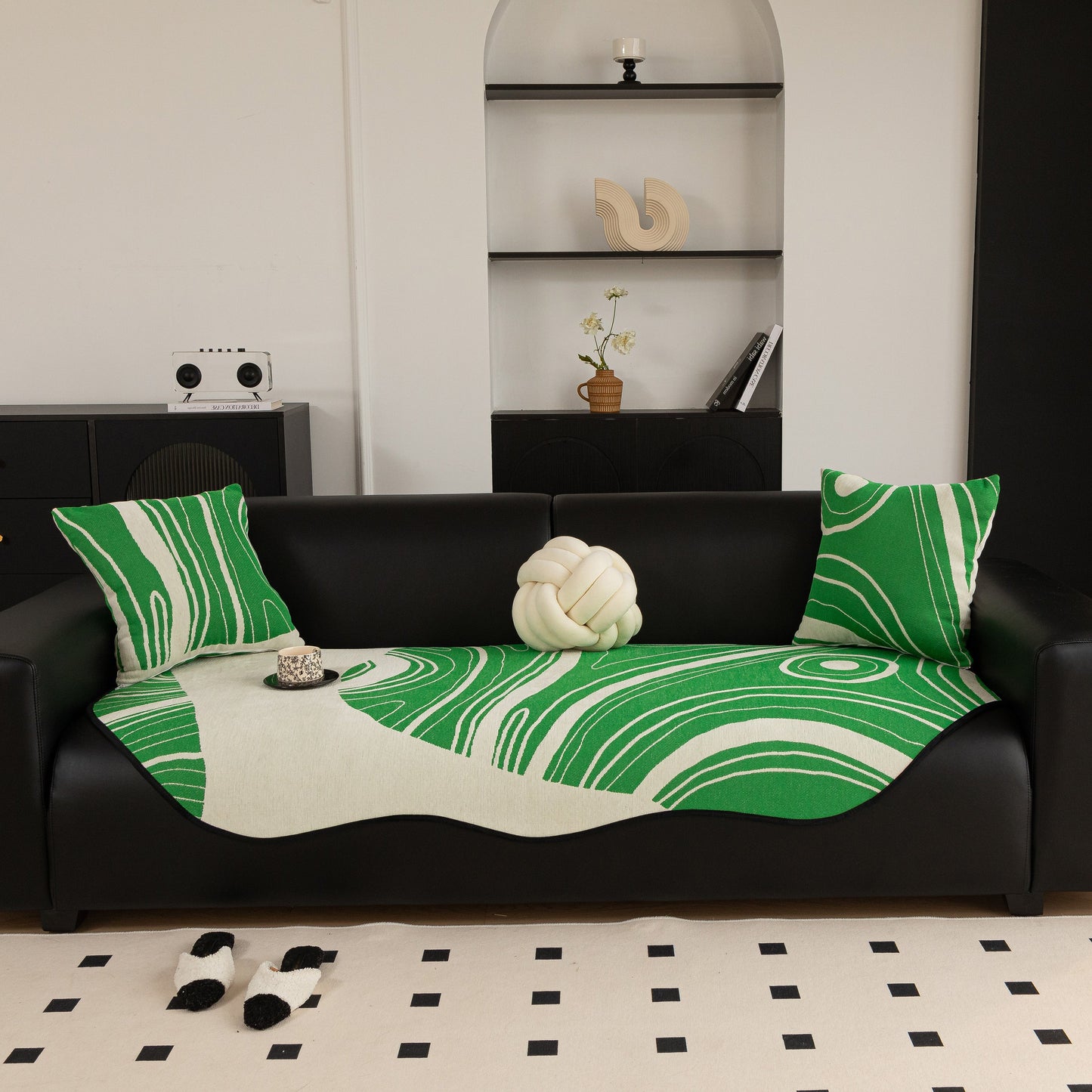 Abstract Art Sofa Cover with Wave Edge, Non Slip Couch Cover for Stylish Homes in green and white, enhancing living space decor.