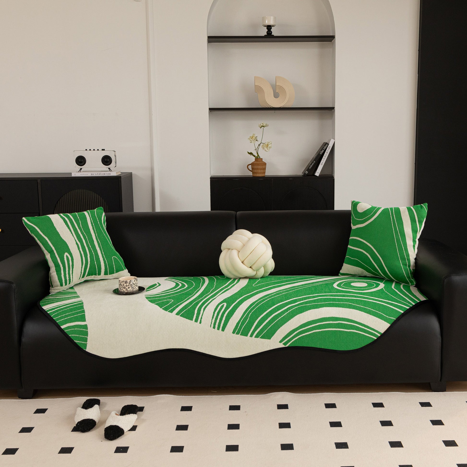Abstract Art Sofa Cover with Wave Edge, Non Slip Couch Cover for Stylish Homes in green and white, enhancing living space decor.