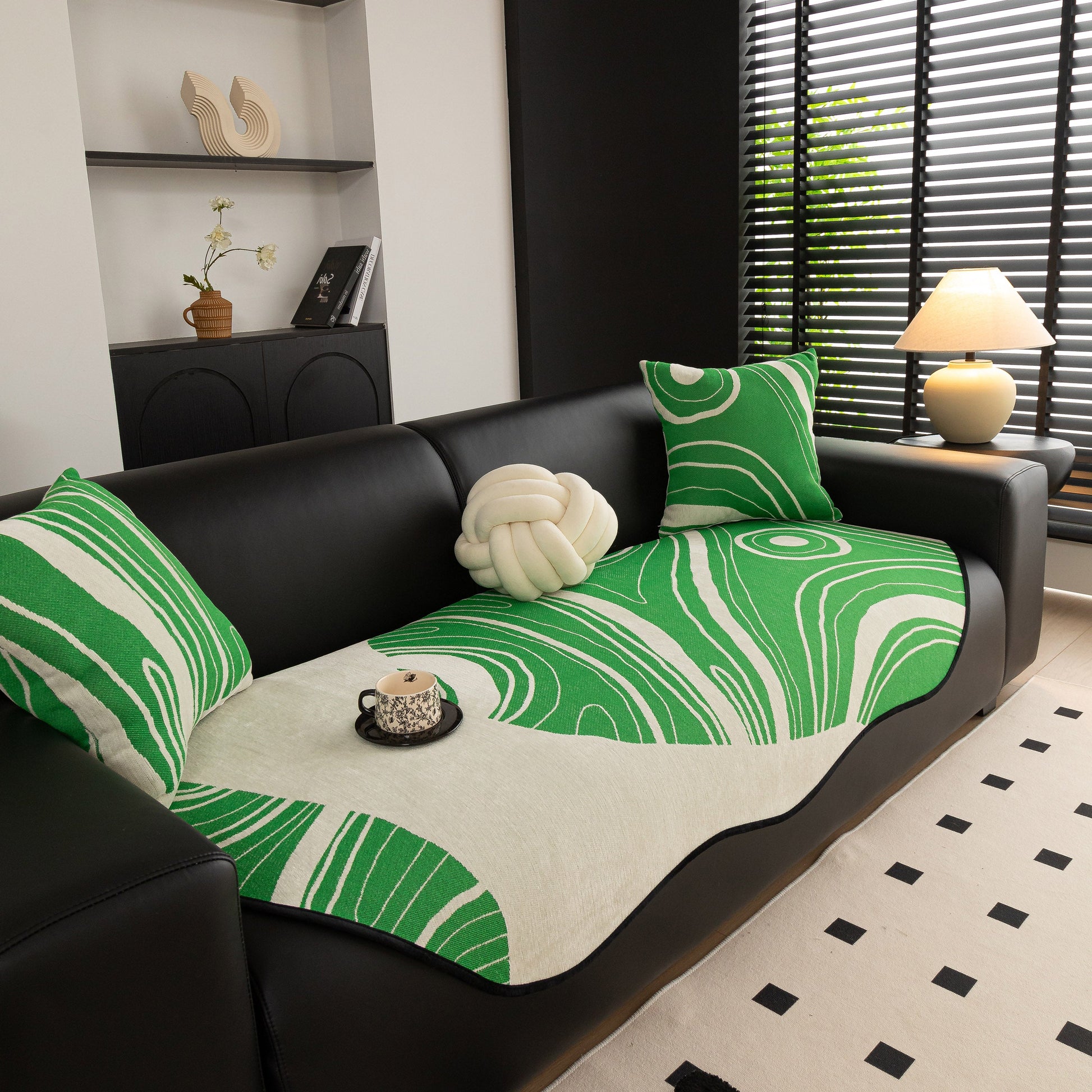 Abstract Art Sofa Cover with Wave Edge, Non Slip Couch Cover for Stylish Homes in green and white on black sofa