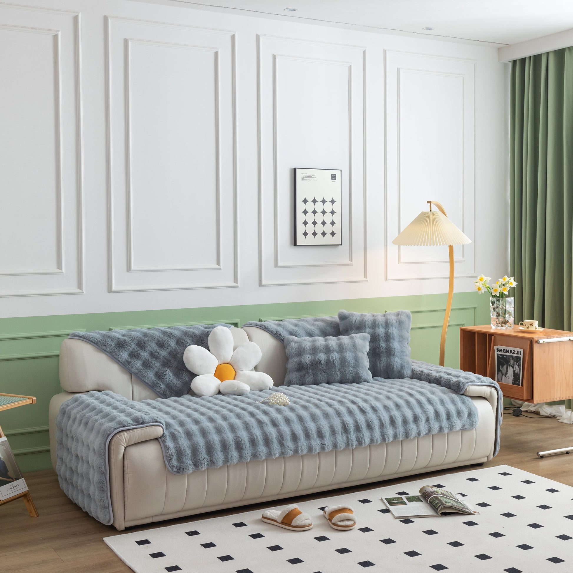 Thick Sofa Cushion Solid Color Faux Fur Fluffy Sofa Cushion Non-Slip Couch Covers in a stylish modern living room.
