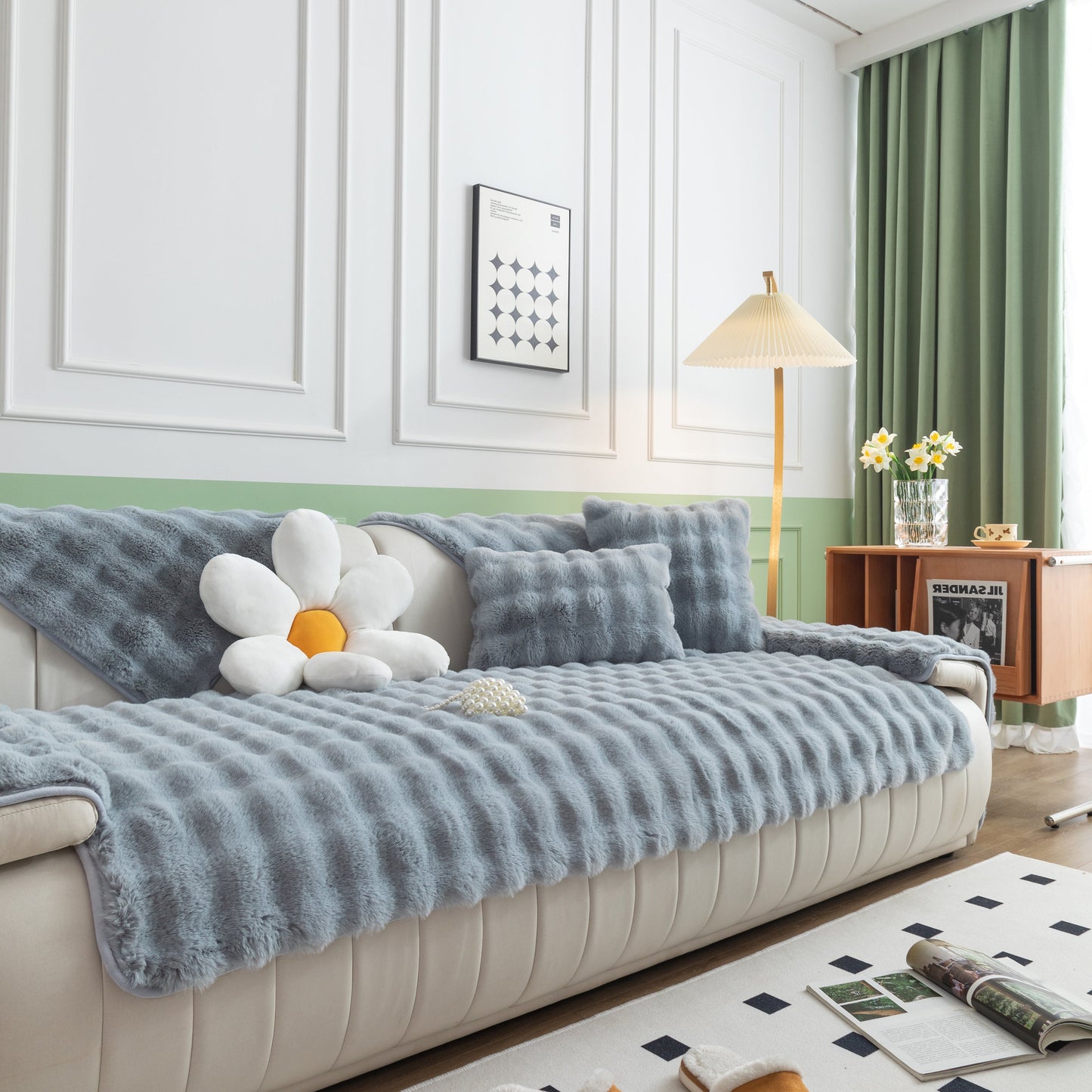 Living room with Thick Sofa Cushion Solid Color Faux Fur Fluffy Sofa Cushion Non-Slip Couch Covers in grey on a white sofa.