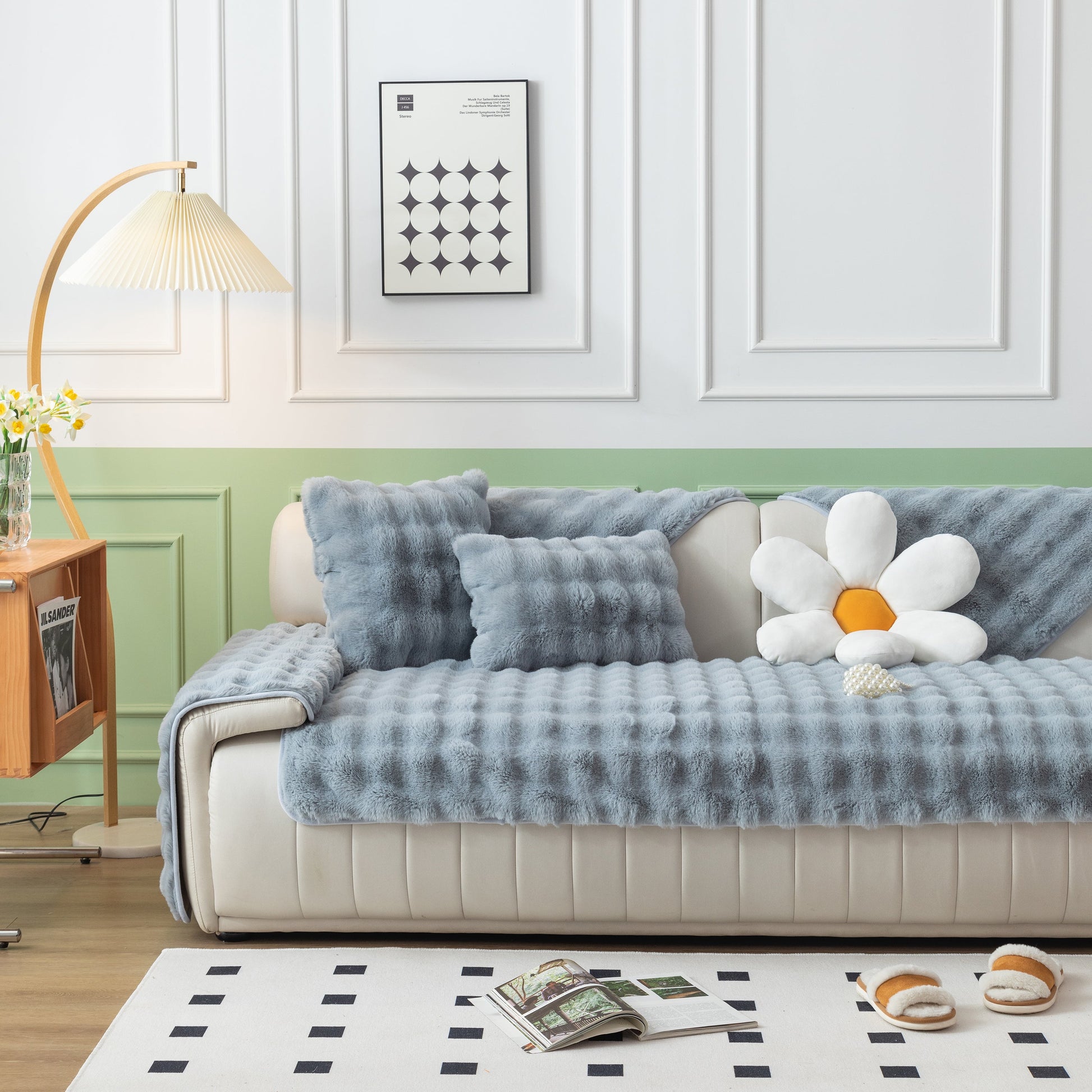 Thick Sofa Cushion Solid Color Faux Fur Fluffy Sofa Cushion Non-Slip Couch Covers in cozy living room setting