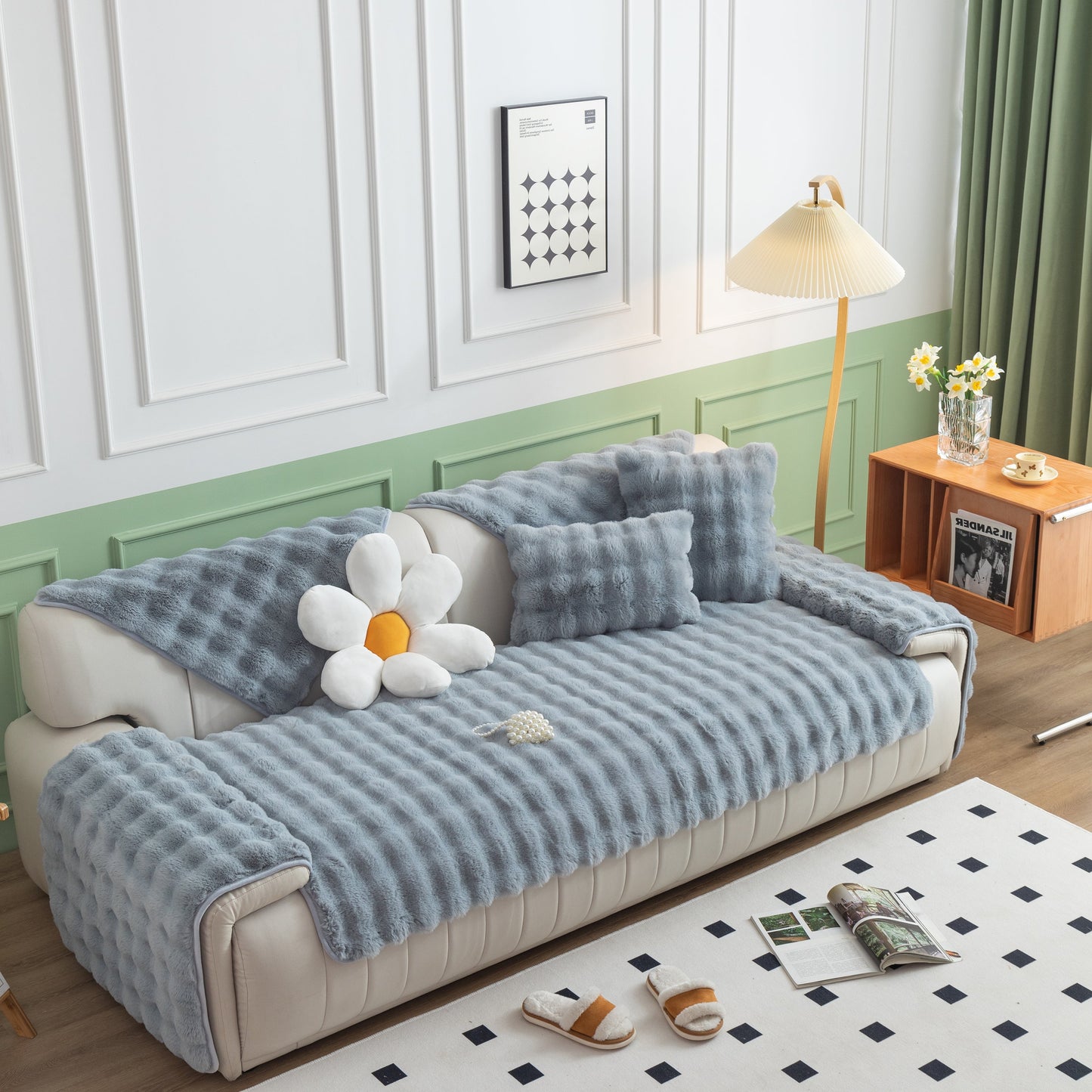 Thick Sofa Cushion Solid Color Faux Fur Fluffy Sofa Cushion Non-Slip Couch Covers in a cozy living room setting.