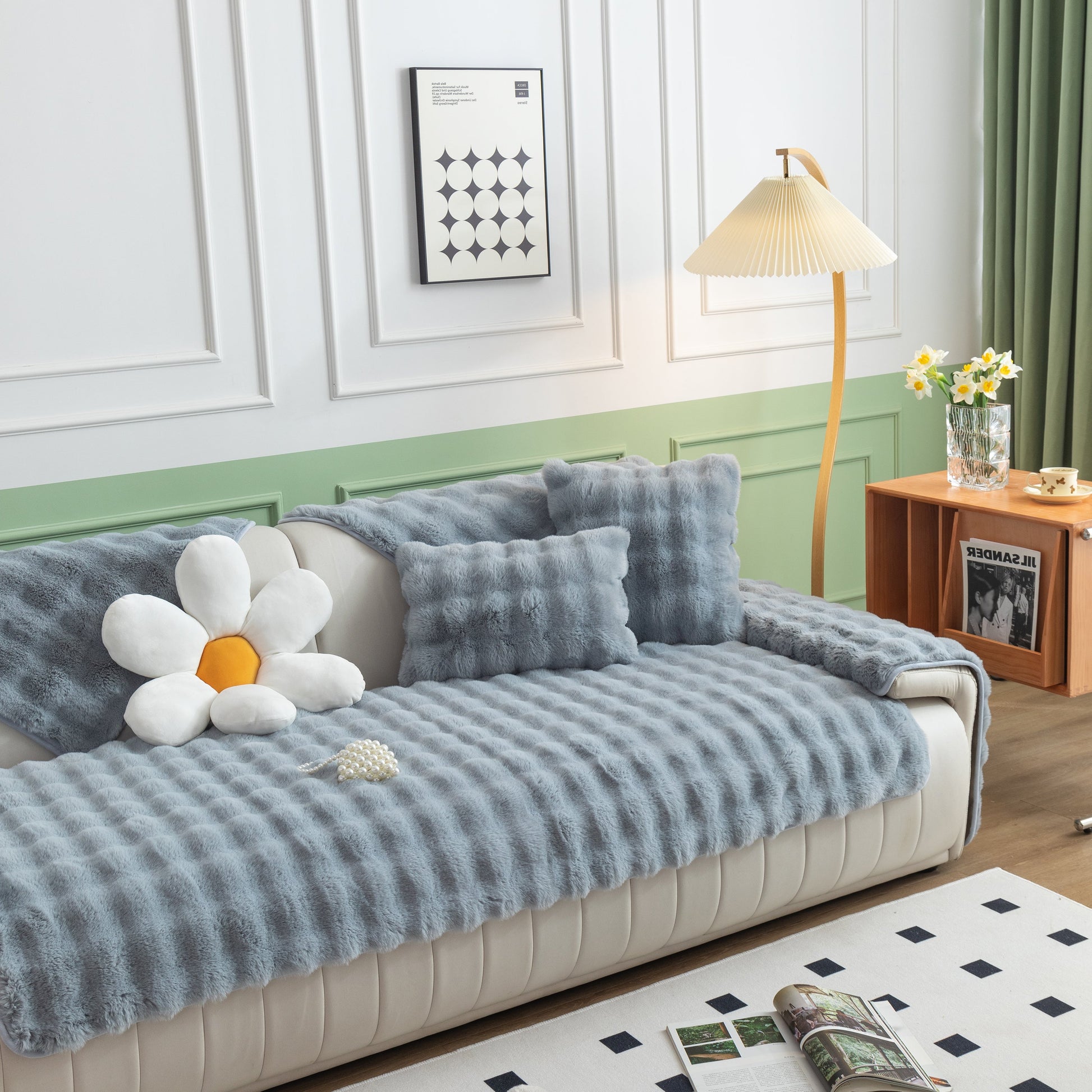 Thick Sofa Cushion Solid Color Faux Fur Fluffy Sofa Cushion Non-Slip Couch Covers on a modern sofa with decorative pillows.