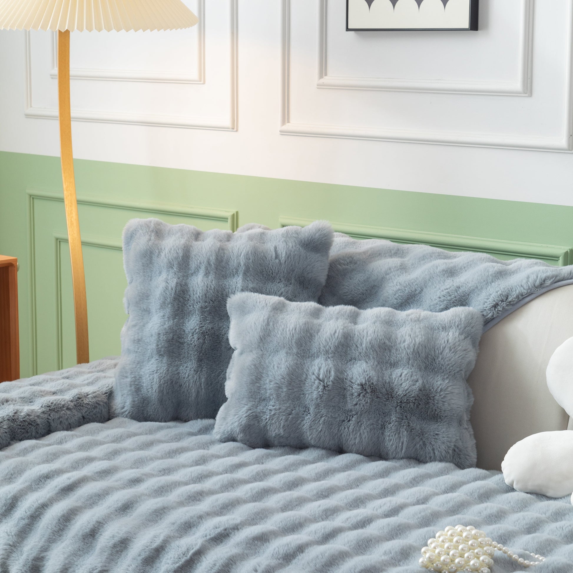Thick Sofa Cushion Solid Color Faux Fur Fluffy Sofa Cushion Non-Slip Couch Covers on a modern couch for cozy decor.