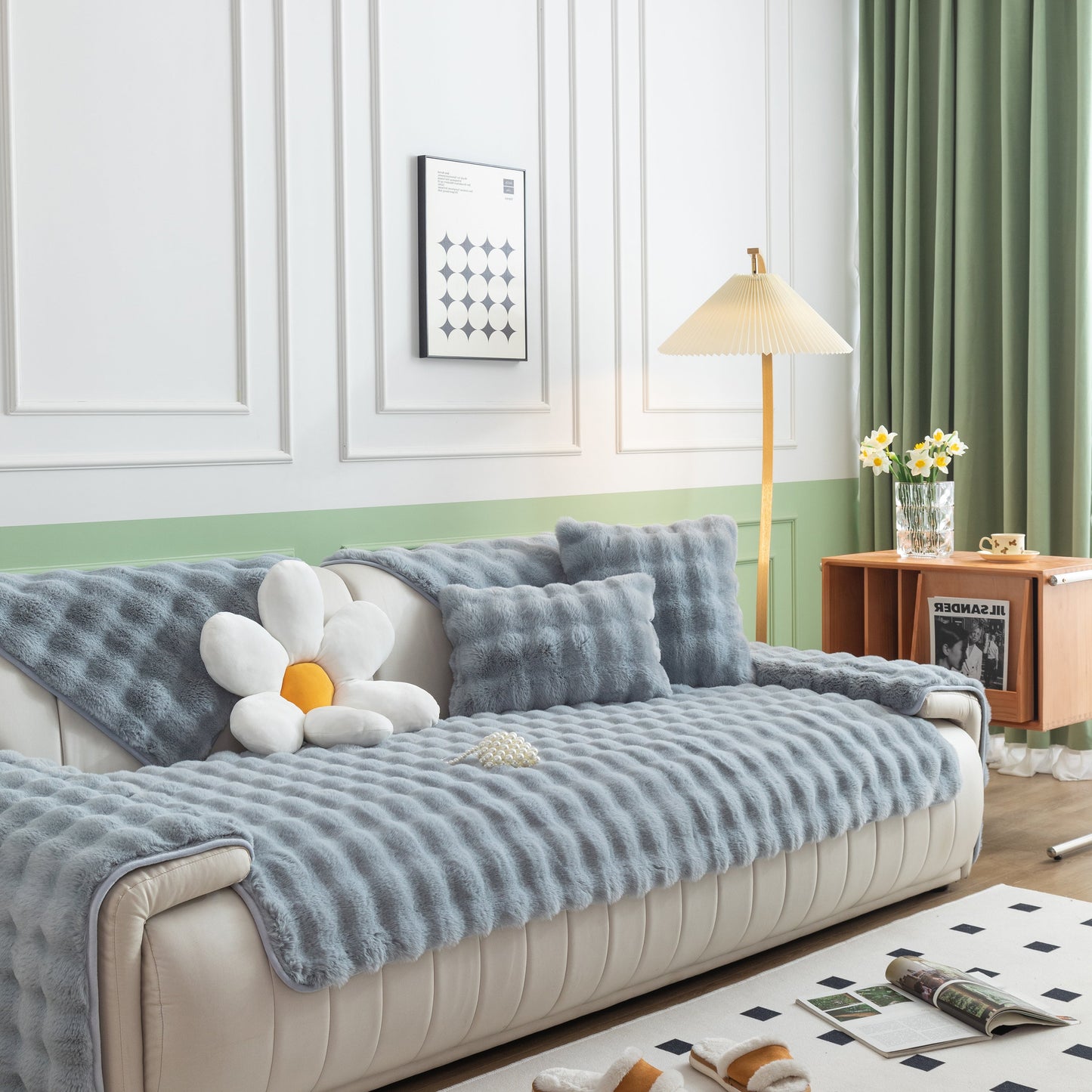 Living room with Thick Sofa Cushion Solid Color Faux Fur Fluffy Sofa Cushion Non-Slip Couch Covers in a stylish setting