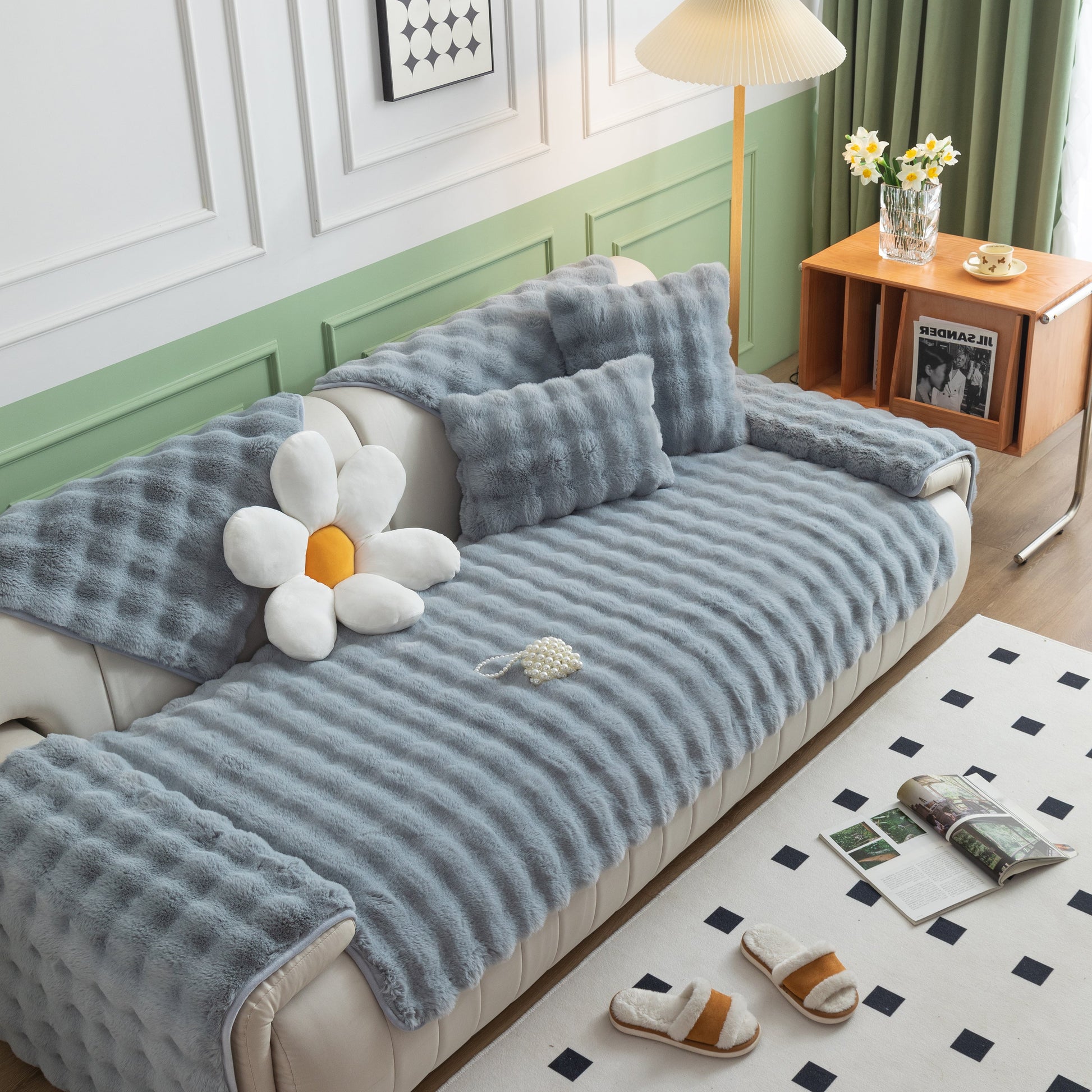Thick Sofa Cushion Solid Color Faux Fur Fluffy Sofa Cushion Non-Slip Couch Covers in living room setting with floral pillow.