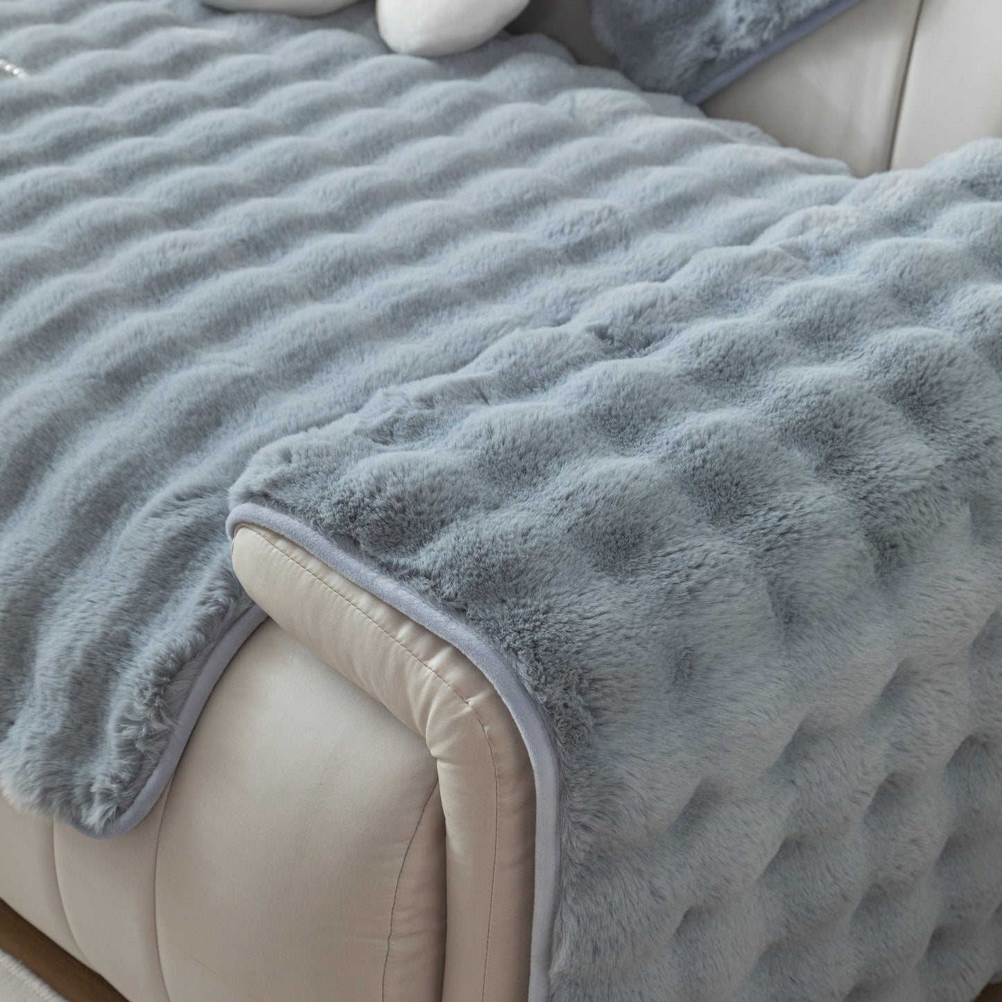 Thick Sofa Cushion Solid Color Faux Fur Fluffy Sofa Cushion Non-Slip Couch Covers in plush grey rabbit faux fur texture.