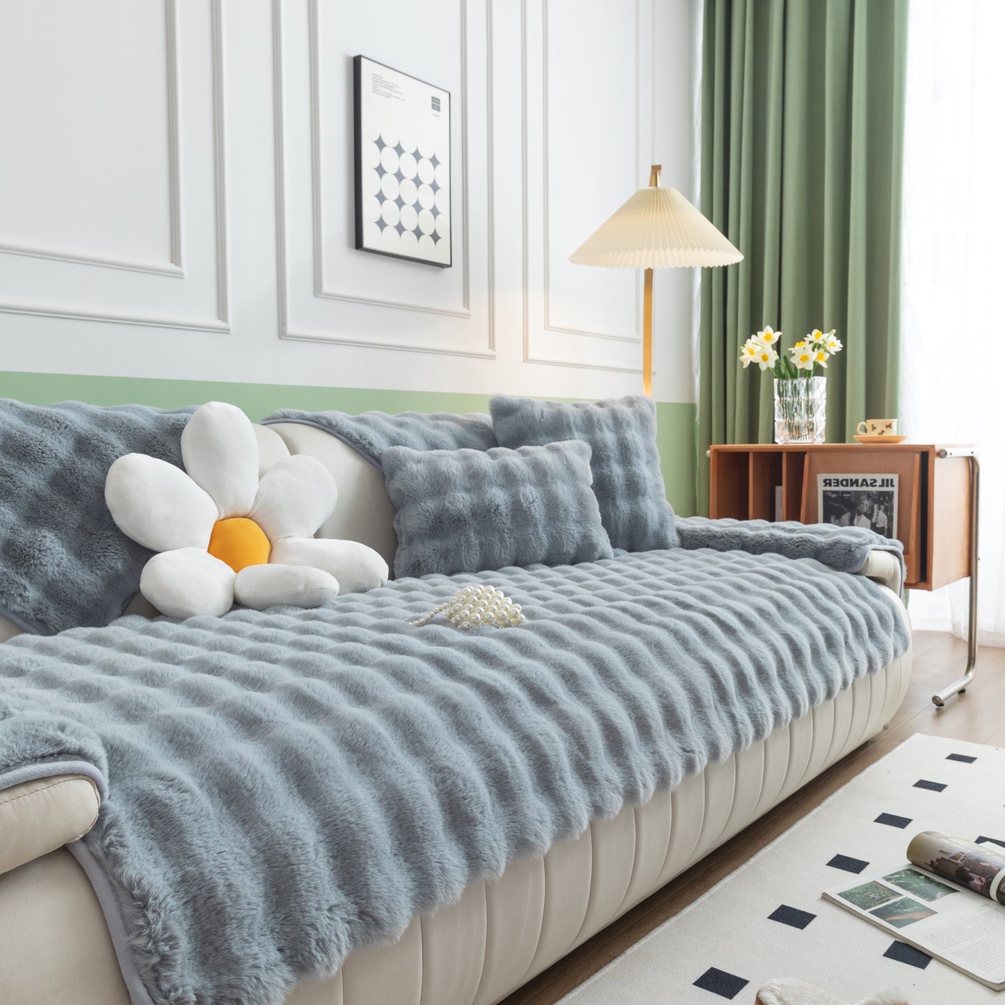 Thick Sofa Cushion Solid Color Faux Fur Fluffy Sofa Cushion Non-Slip Couch Covers in a modern living room with stylish decor.