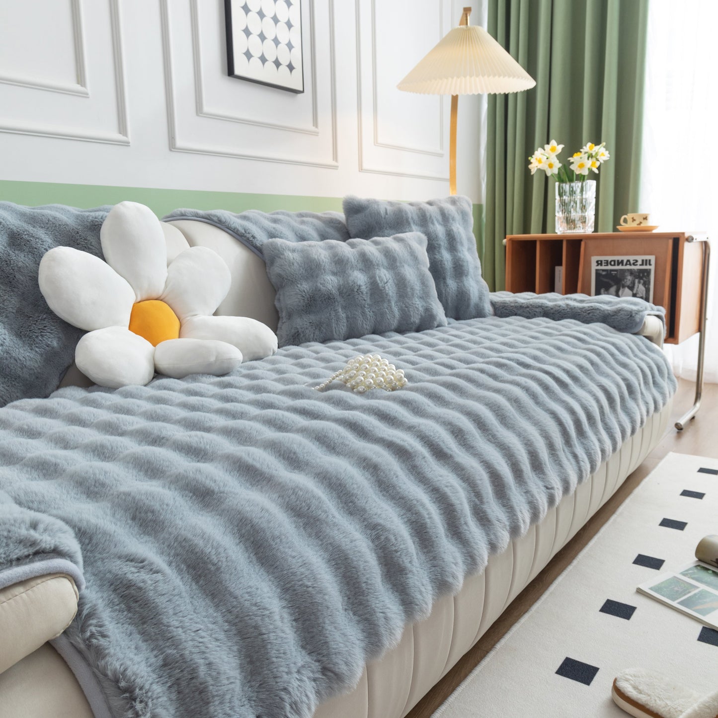 Thick Sofa Cushion Solid Color Faux Fur Fluffy Sofa Cushion Non-Slip Couch Covers in a cozy living room setting