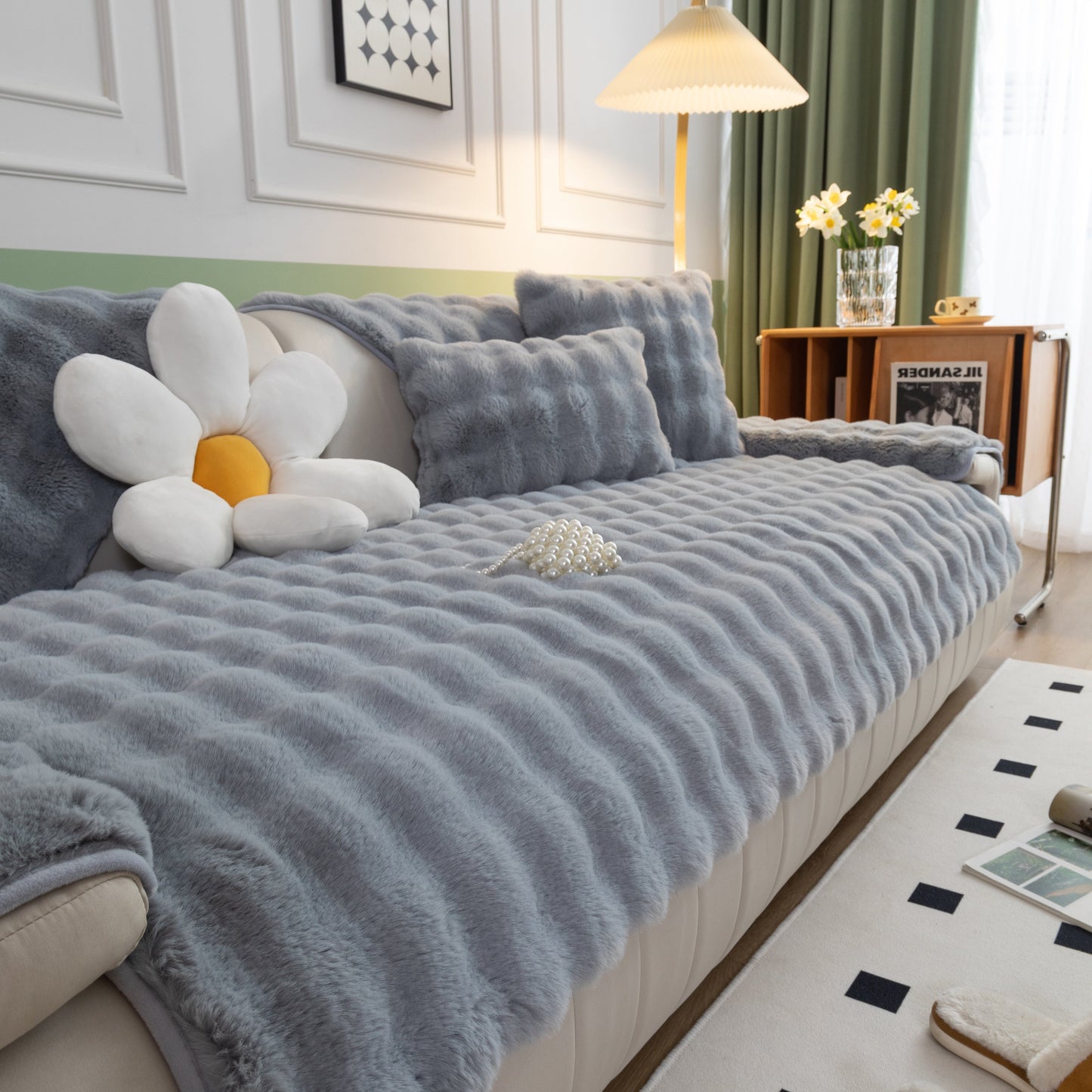 Thick Sofa Cushion Solid Color Faux Fur Fluffy Sofa Cushion Non-Slip Couch Covers in a cozy living room setting.