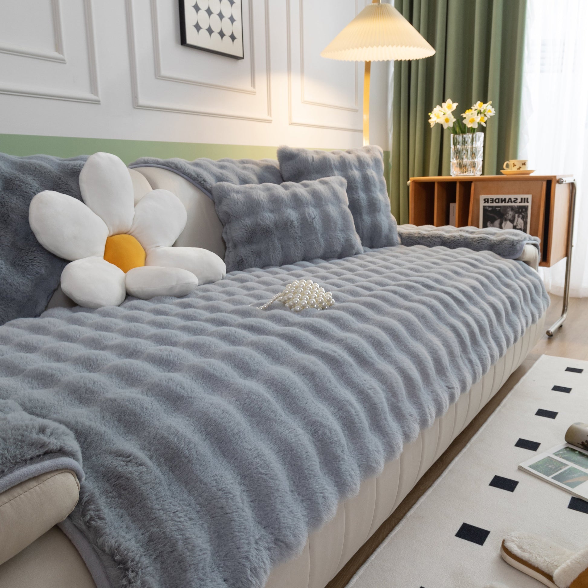 Thick Sofa Cushion Solid Color Faux Fur Fluffy Sofa Cushion Non-Slip Couch Covers in a cozy living room setting.