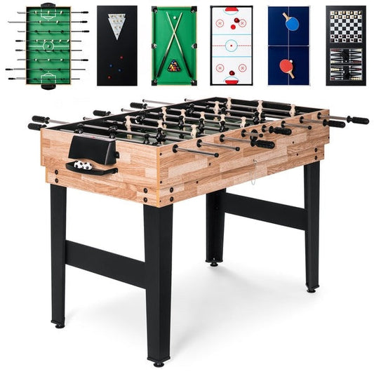 10-in-1 Combo Game Room Table Set with Pool, Foosball, Ping Pong, Chess in game room setup.