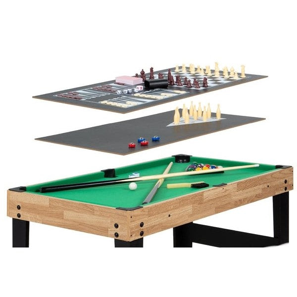 10-in-1 Combo Game Room Table Set Pool, Foosball, Ping Pong, Chess with billiards and chess pieces.