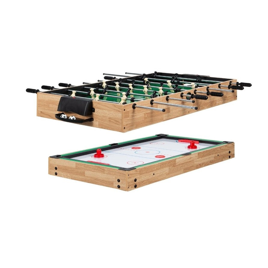 10-in-1 Combo Game Room Table Set Pool, Foosball, Ping Pong, Chess featuring foosball and slide hockey surfaces.